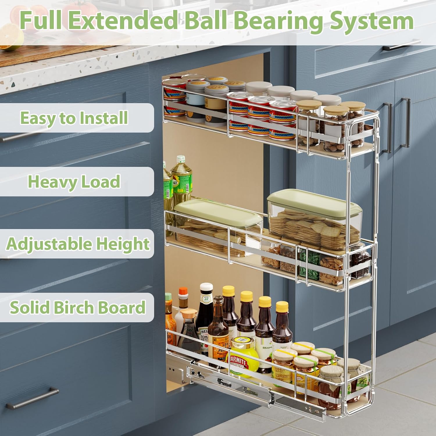 3-Tier Pull Out Cabinet Organizer Spice Rack for Narrow Cabinet 5" W x 20½" D