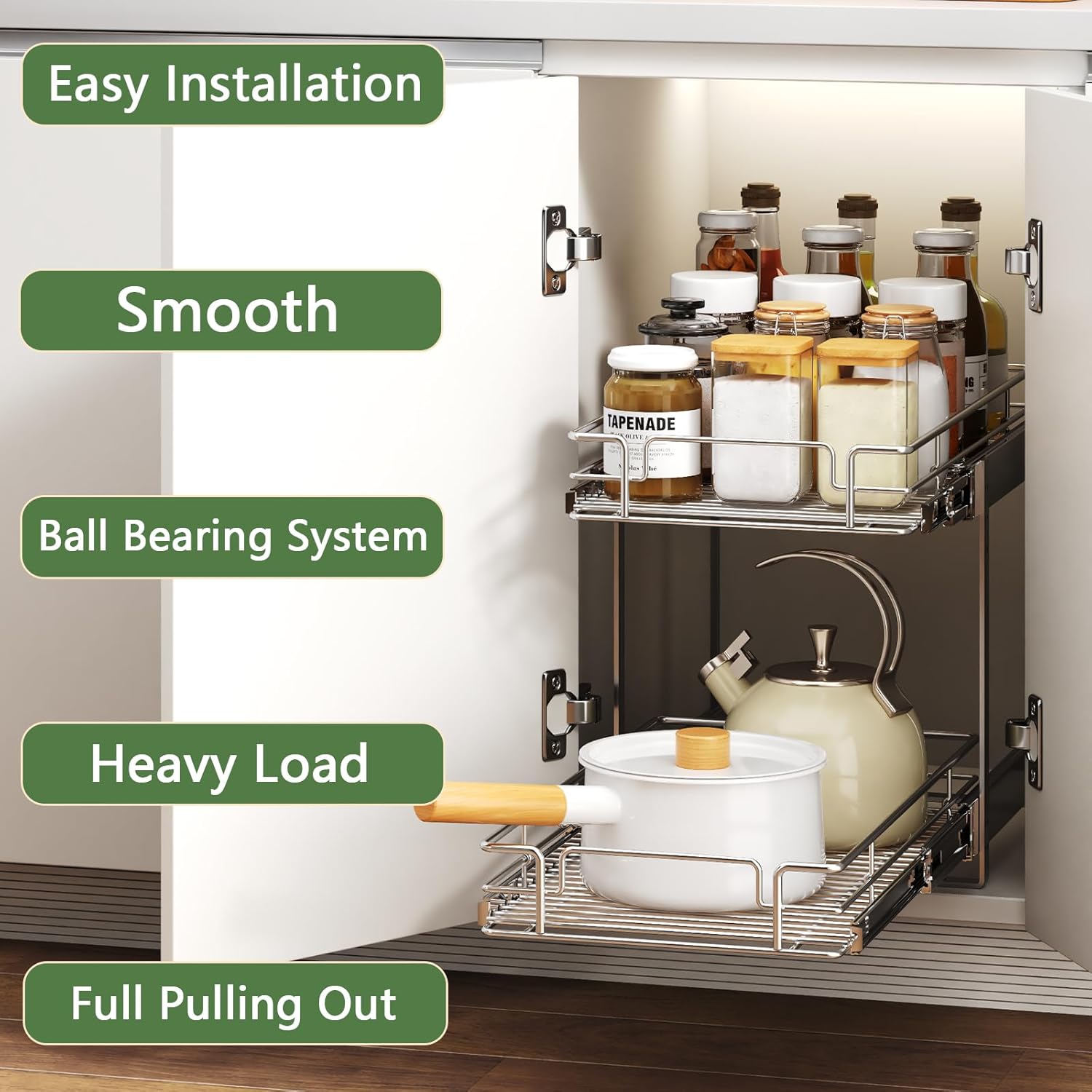 2 Tier Individual Pull Out Cabinet Organizer 13½" W x 21½" D, Heavy Duty Cabinet Pull Out Shelves