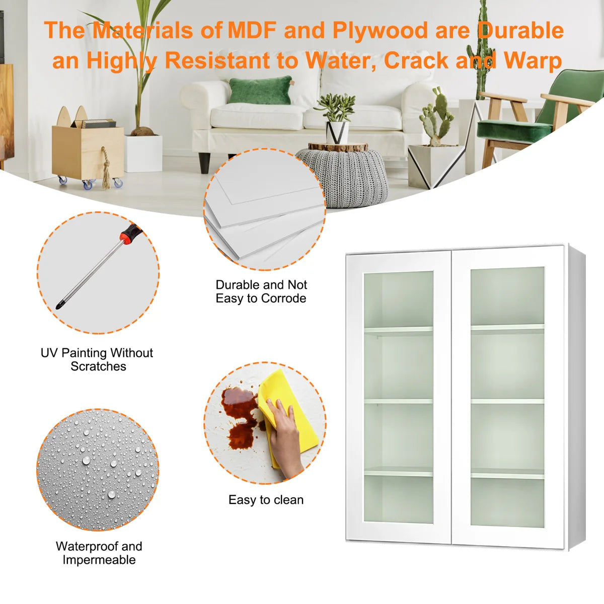 33"W * 42"H * 12"D Shaker White Glass Wall Kitchen Cabinet with Adjustable Shelves