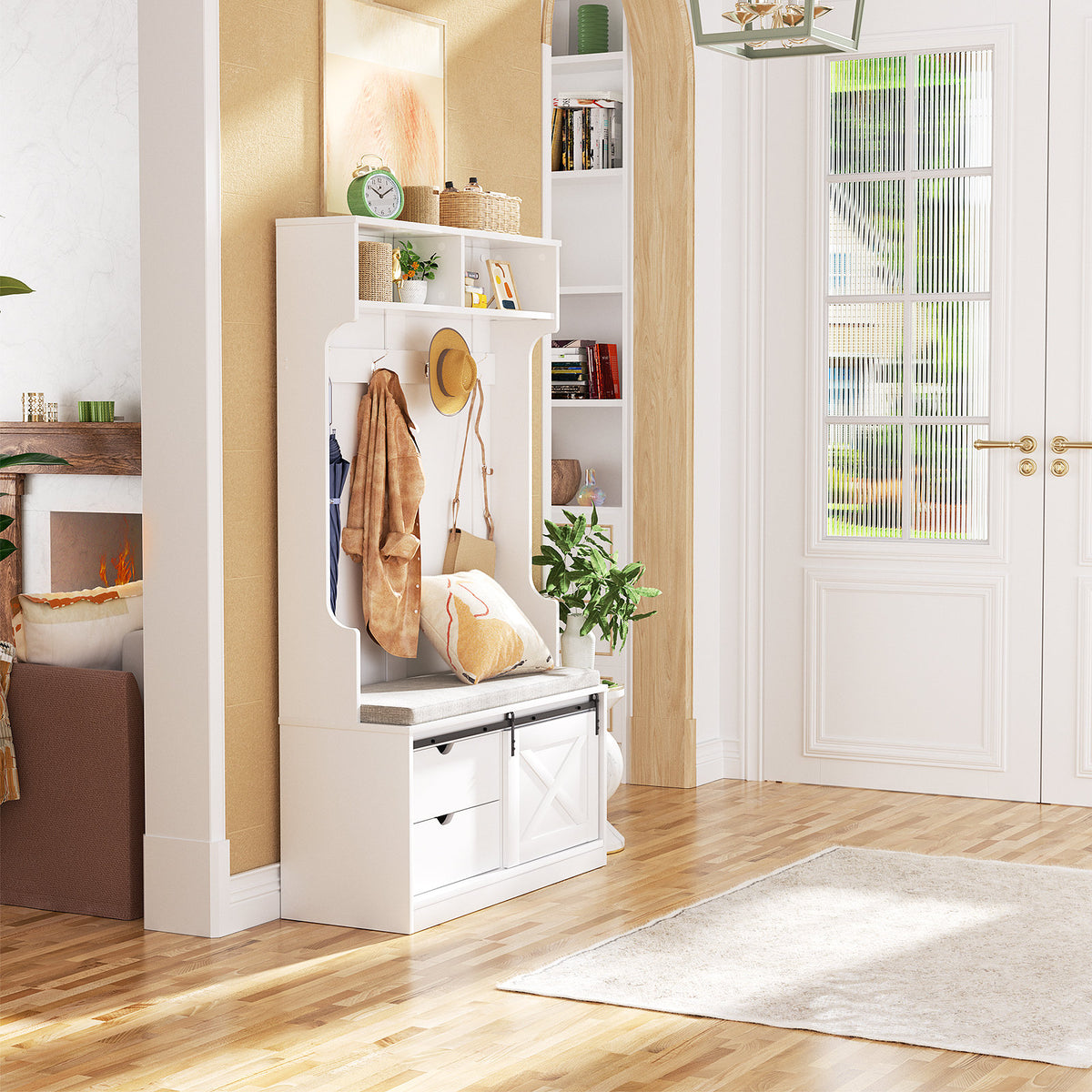 Branda Entryway Hall Tree with Bench and Shoe Storage, Coat Rack with Bench Shoe Storage with Slide Organizer Cabinet Drawer Barn Door and Adjustable Shelf