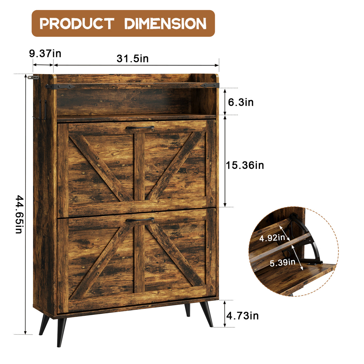 Farmhouse Shoe Rack, Freestanding Shoe Cabinet with 2 Flip Drawers for Entryway