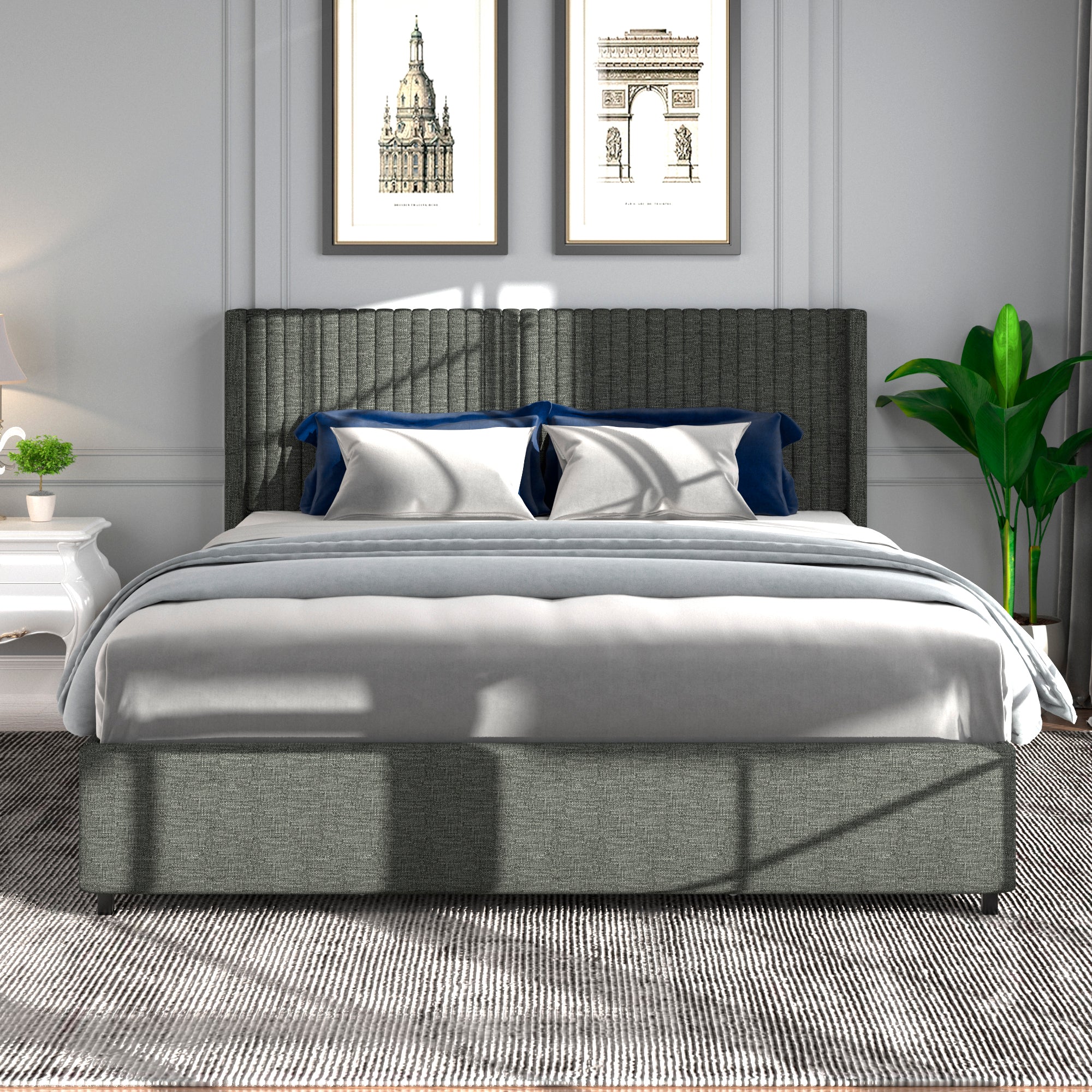 Anna Queen Size Gray Linen Upholstered Wingback Platform Bed with Patented 4 Drawers Storage, Modern Design Headboard with Tight Channel, Wooden Slat Mattress Support No Box Spring Needed
