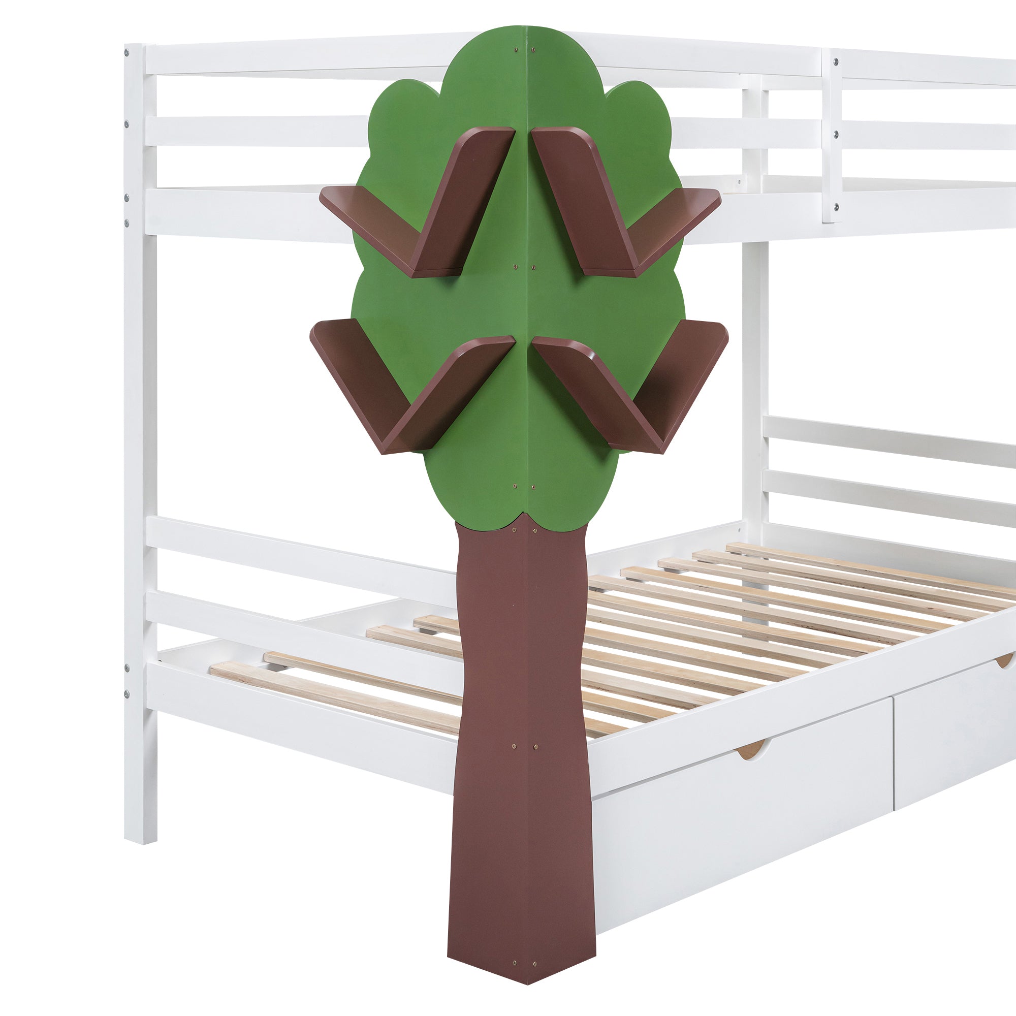 Twin-Over-Twin Bunk Bed with  a Tree Decor and Two Storage Drawers, White