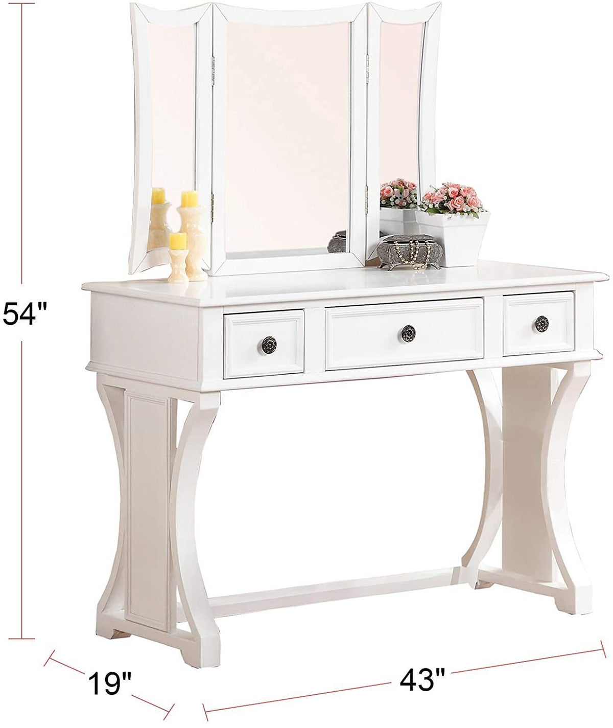 Unique Modern Bedroom Vanity Set w Stool Foldable Mirror Drawers White Color MDF Veneer 1pc Vanity Furniture