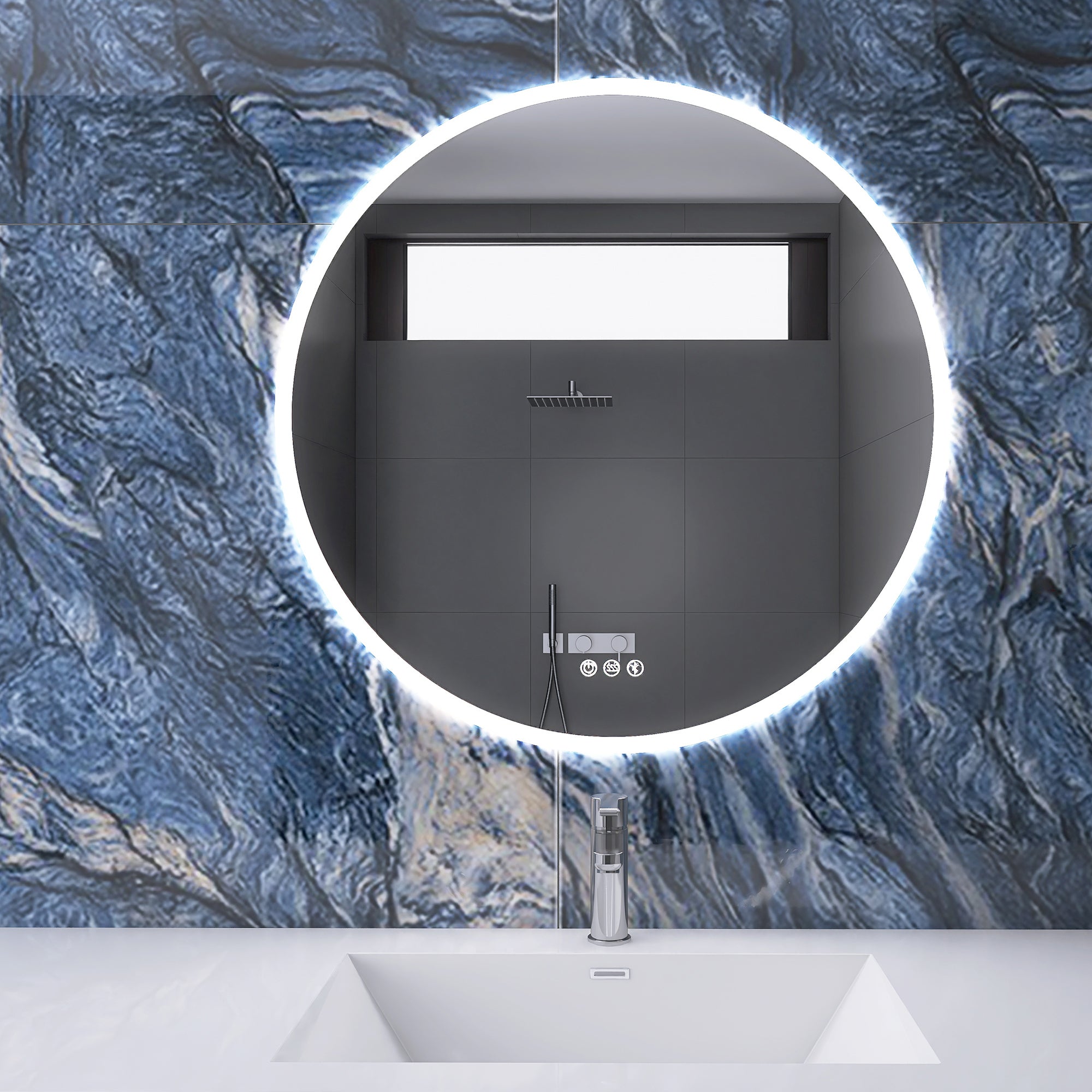 Round Wall-Mounted Dimmable LED Bathroom Vanity Mirror with Defogger and Bluetooth Music Speaker