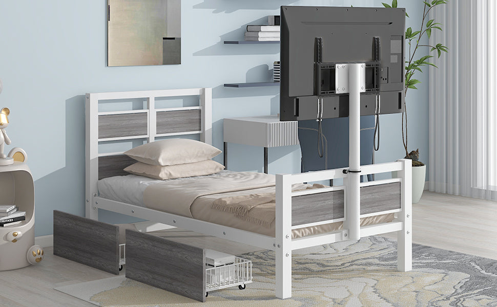 Twin Size Metal Platform Bed with MDF Headboard and Footboard,Two Storage Drawers and Rotatable TV Stand,White