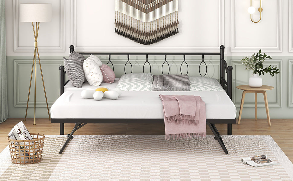 Twin Size Metal Daybed with Twin Size Adjustable Trundle, Portable Folding Trundle, Black