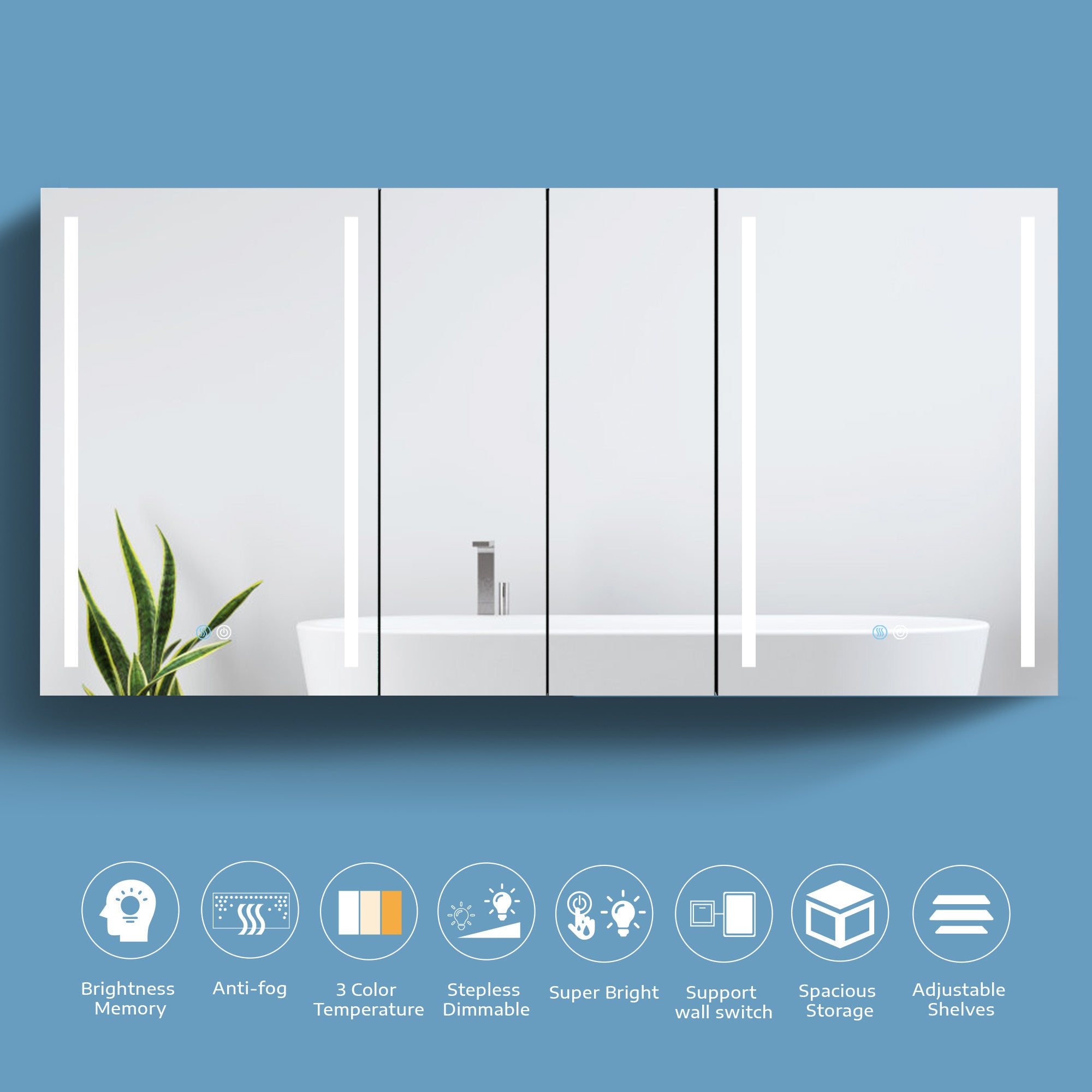 60x30 Inch LED Bathroom Medicine Cabinet Surface Mount Double Door Lighted Medicine Cabinet, Medicine Cabinets for Bathroom with Mirror Defogging, Dimmer White