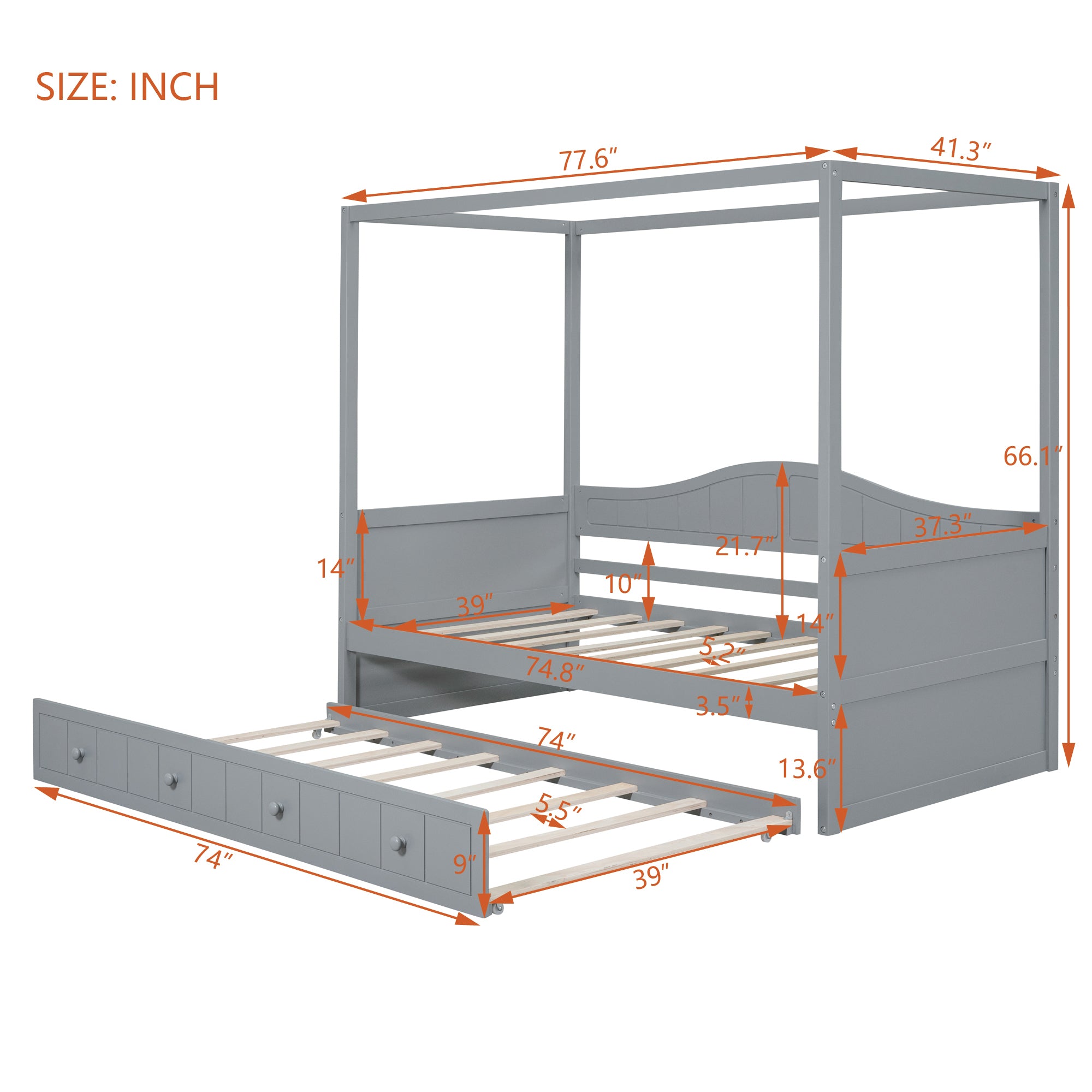 Twin Size Canopy Day Bed with twin size Trundle, Gray