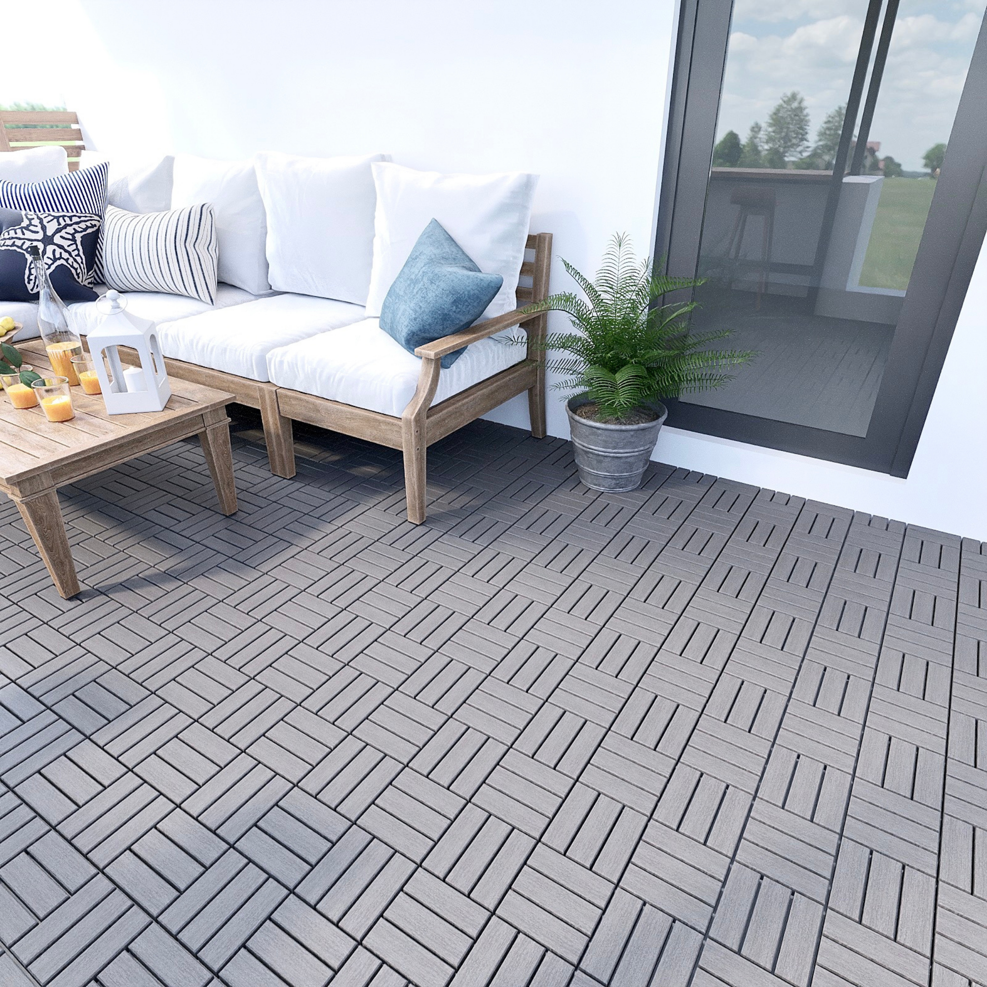 30 PCS Interlocking Deck Tiles Checker Pattern, 12" x 12" Square Light Gray Acacia Hardwood Outdoor Flooring for Patio, Bancony, Pool Side,...