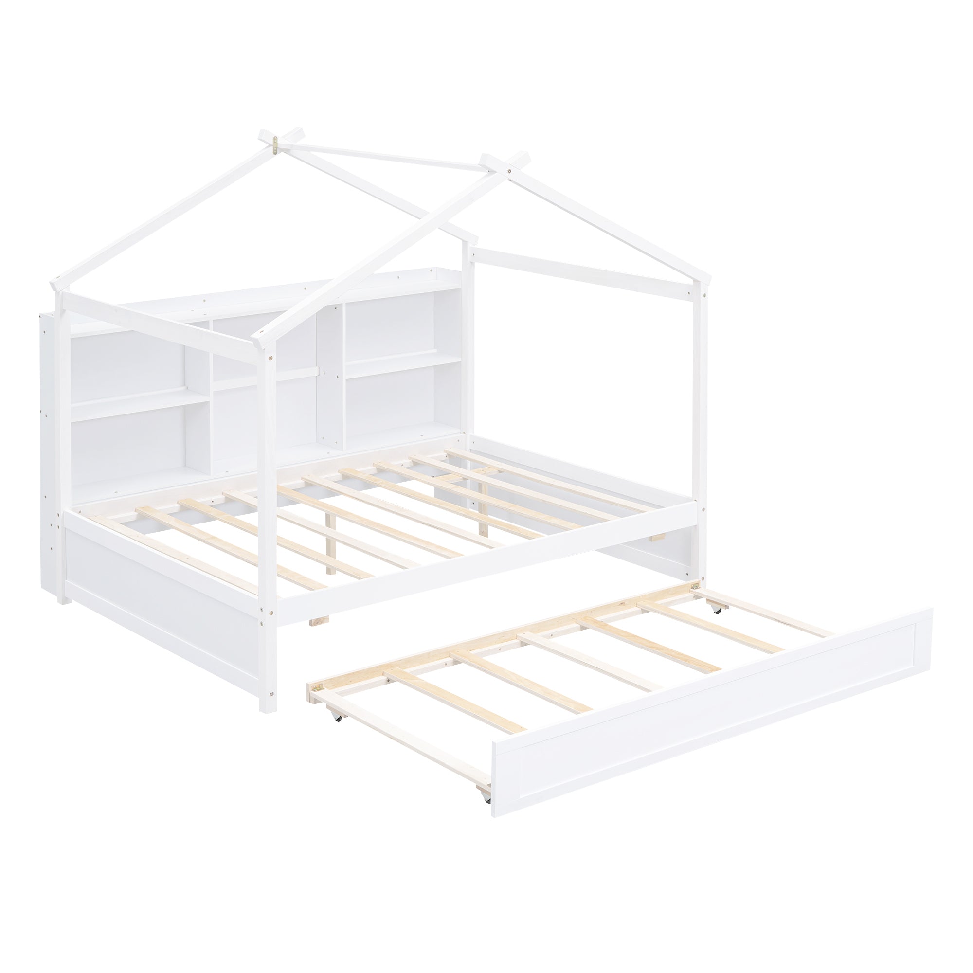 Full Size House Bed with Storage Shelves and Twin Size Trundle, Brushed White