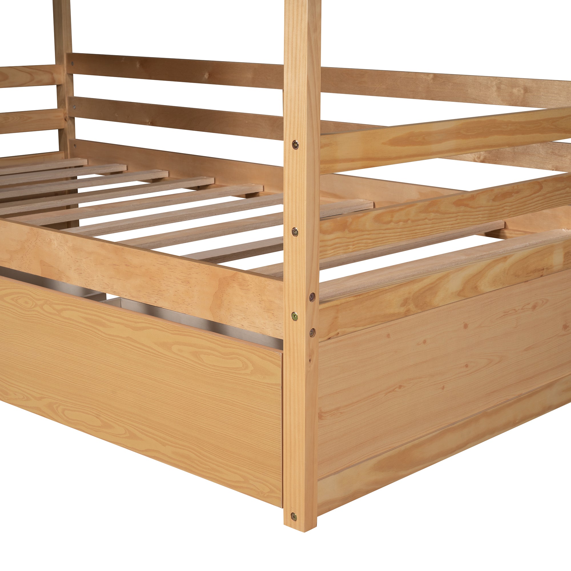 Twin Size House Bed Wood Bed with Two Drawers ( Natural )