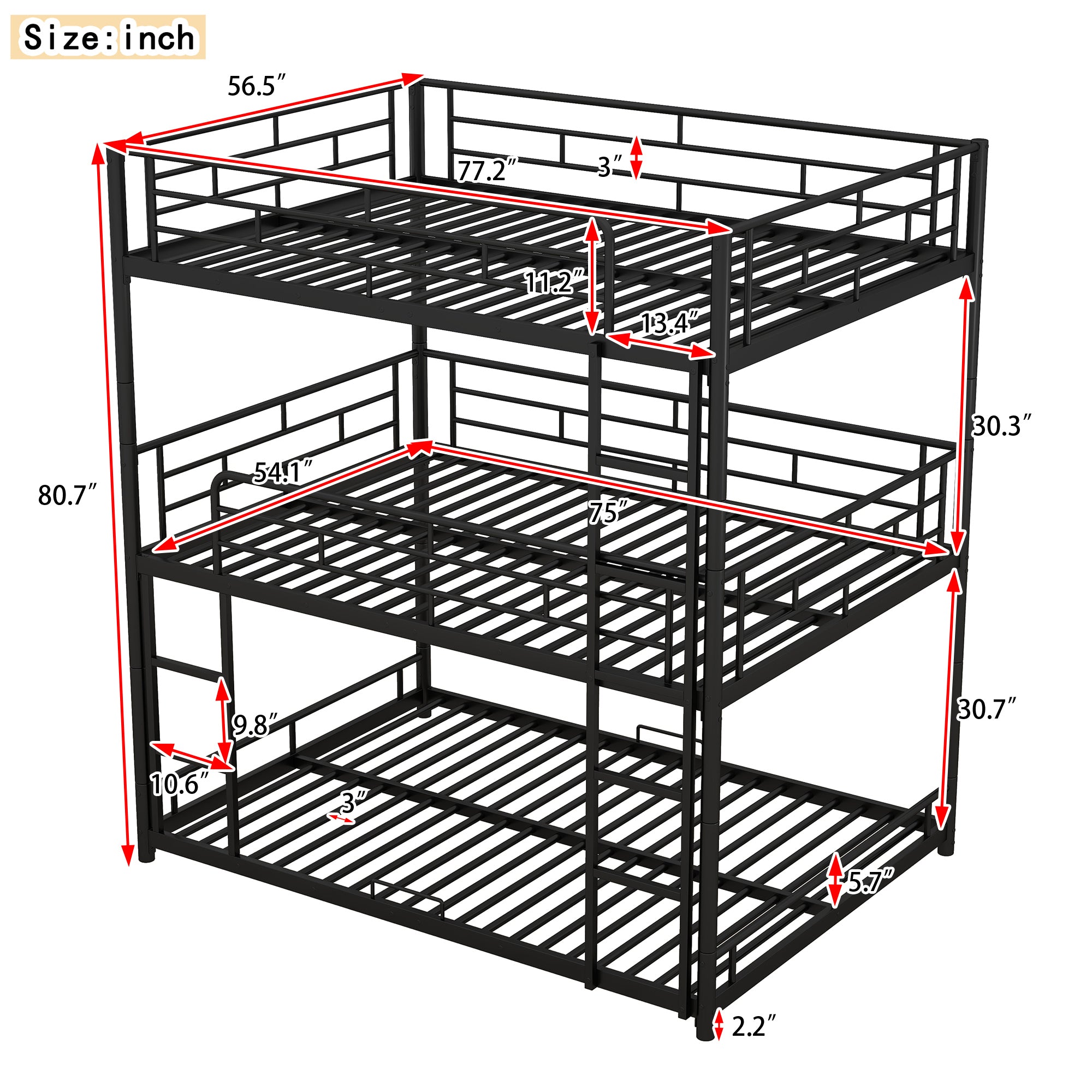 Metal Full Size Triple Bunk Bed, Black