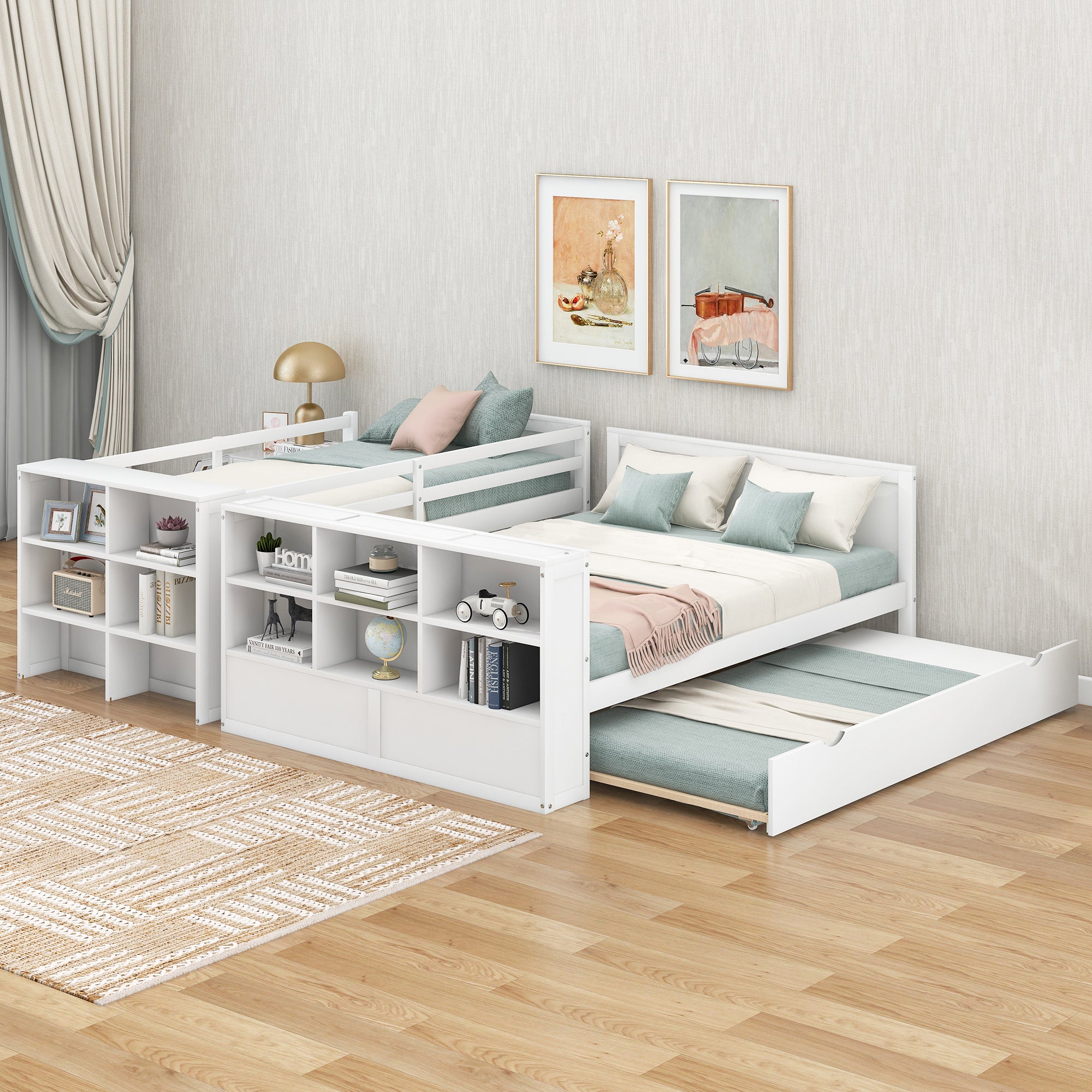 Twin over Full Bunk Bed with Trundle and Shelves, can be Separated into Three Separate Platform Beds, White