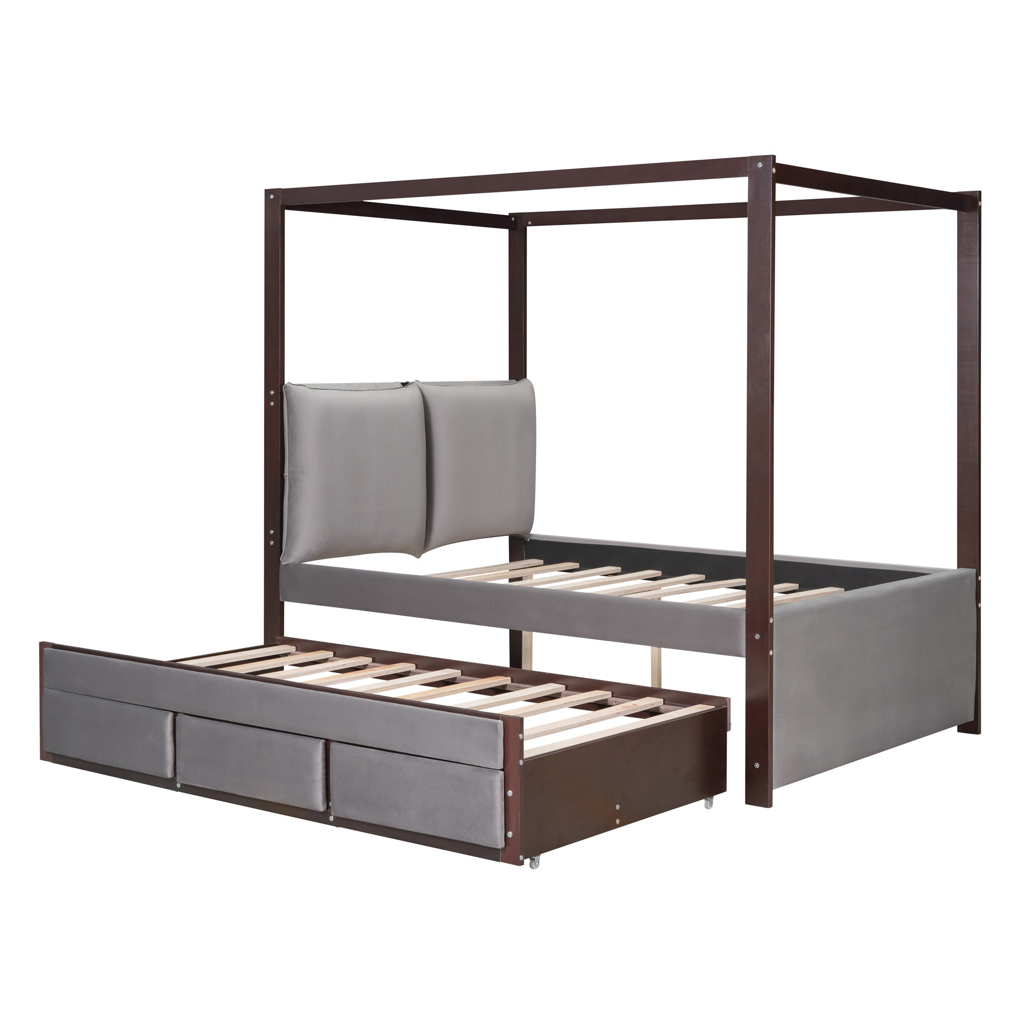 Full Size Upholstered  Canopy Bed with Trundle and 3 Drawers, Gray