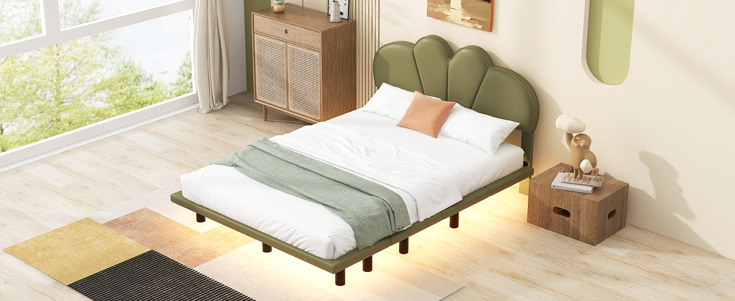 Queen Size Upholstery Platform Bed with PU Leather Headboard and Support Legs,Underbed LED Light,Green