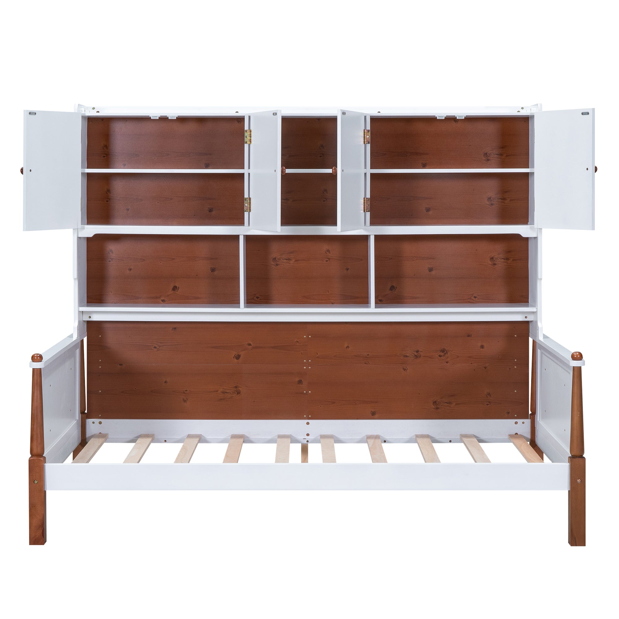 Twin Size Platform Bed with Multiple Storage, White+Walnut