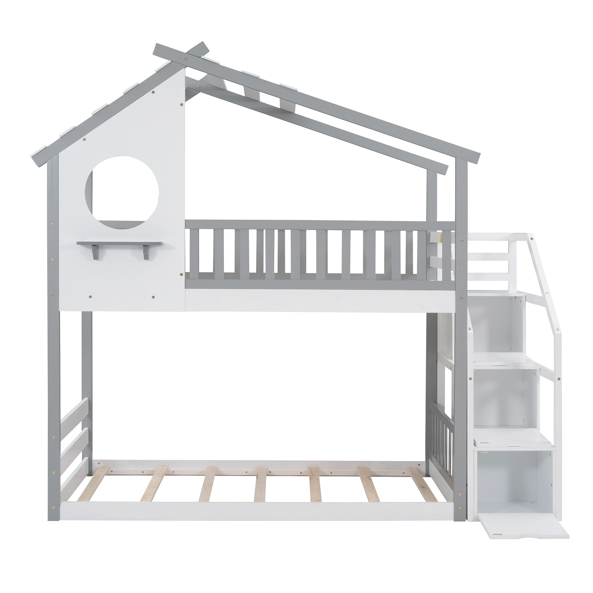 Stairway Twin-Over-Twin Bunk Bed,House Bed,Storage and Guard Rail,Gray Bed +White Stair