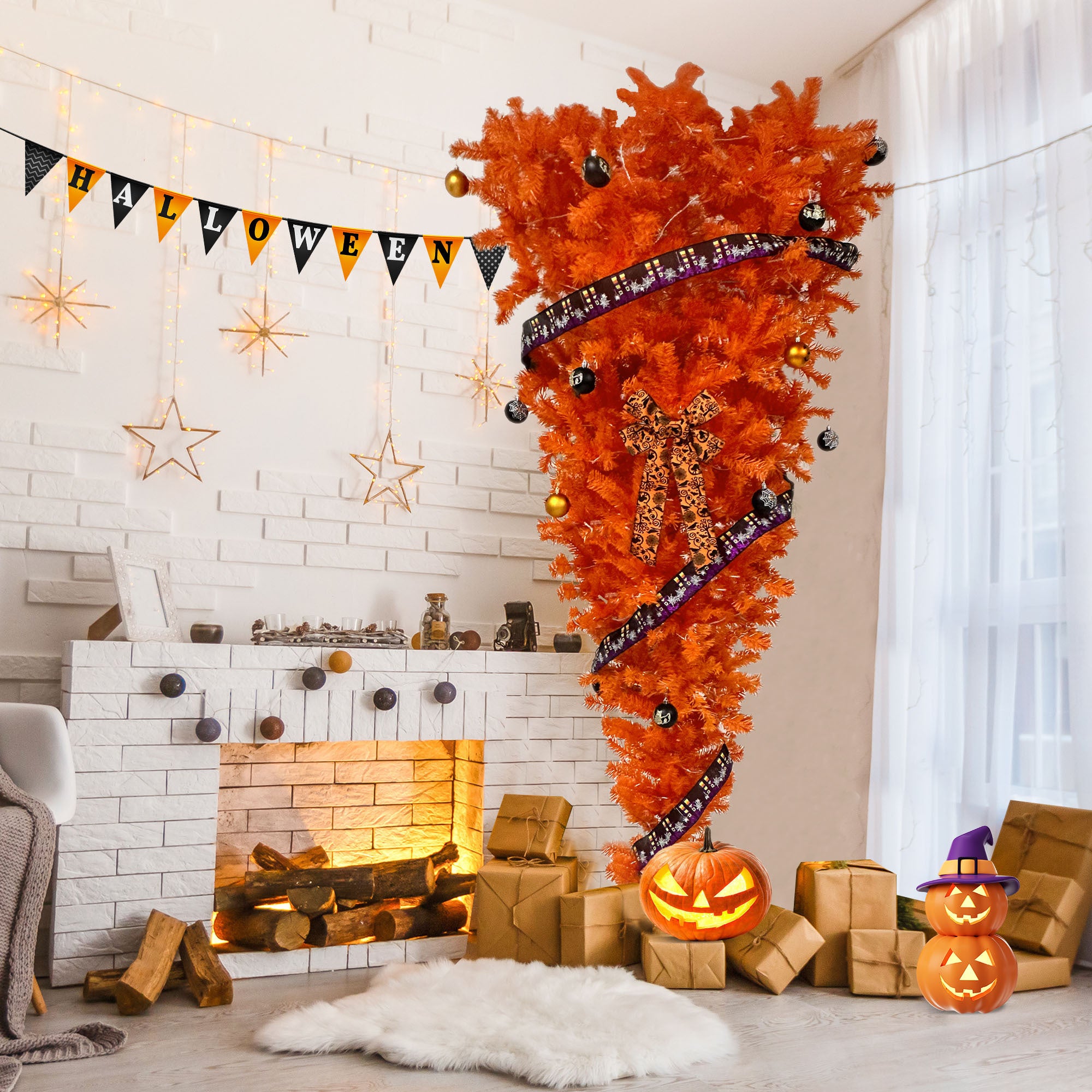 GO 7.5 FT Orange Upside Down Christmas Tree with 300 LED Warm Lights X-mas, Halloween-themed Ornaments and Satin Ribbon