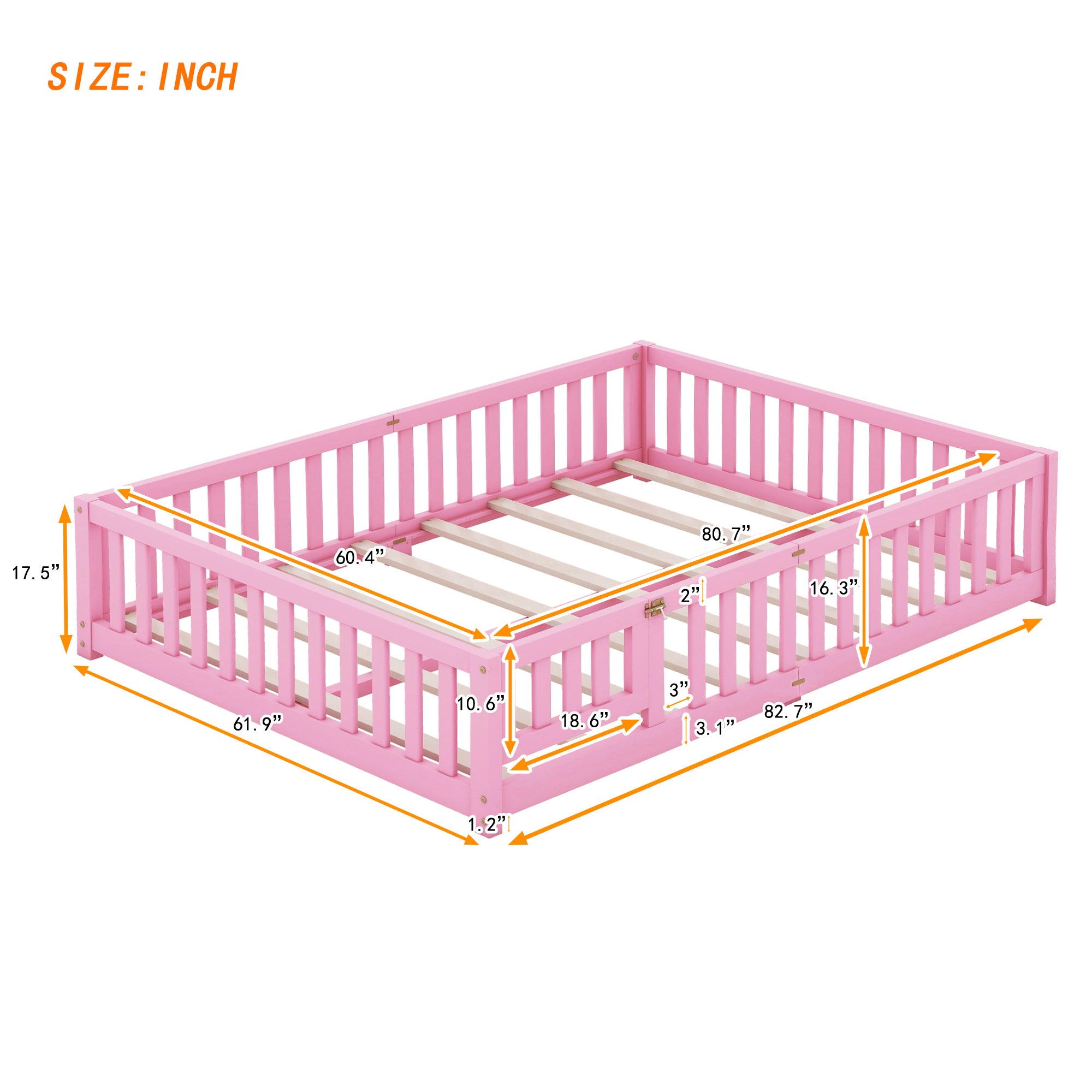 Queen Size Bed Floor Bed with Safety Guardrails and Door for Kids, Pink (Expect Arrival Date Nov.2nd)