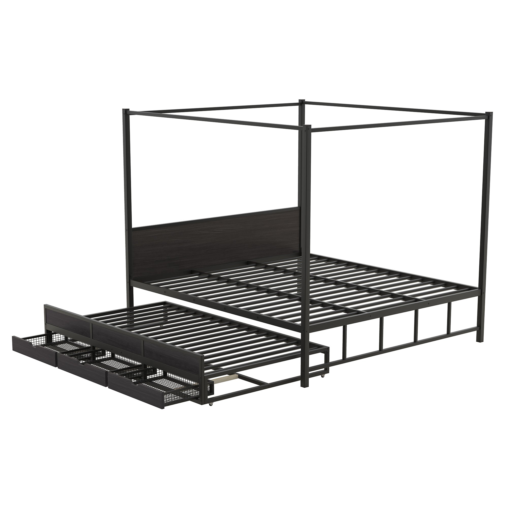 Queen Size Metal Canopy Platform Bed with Twin Size Trundle and 3 Storage Drawers, Black