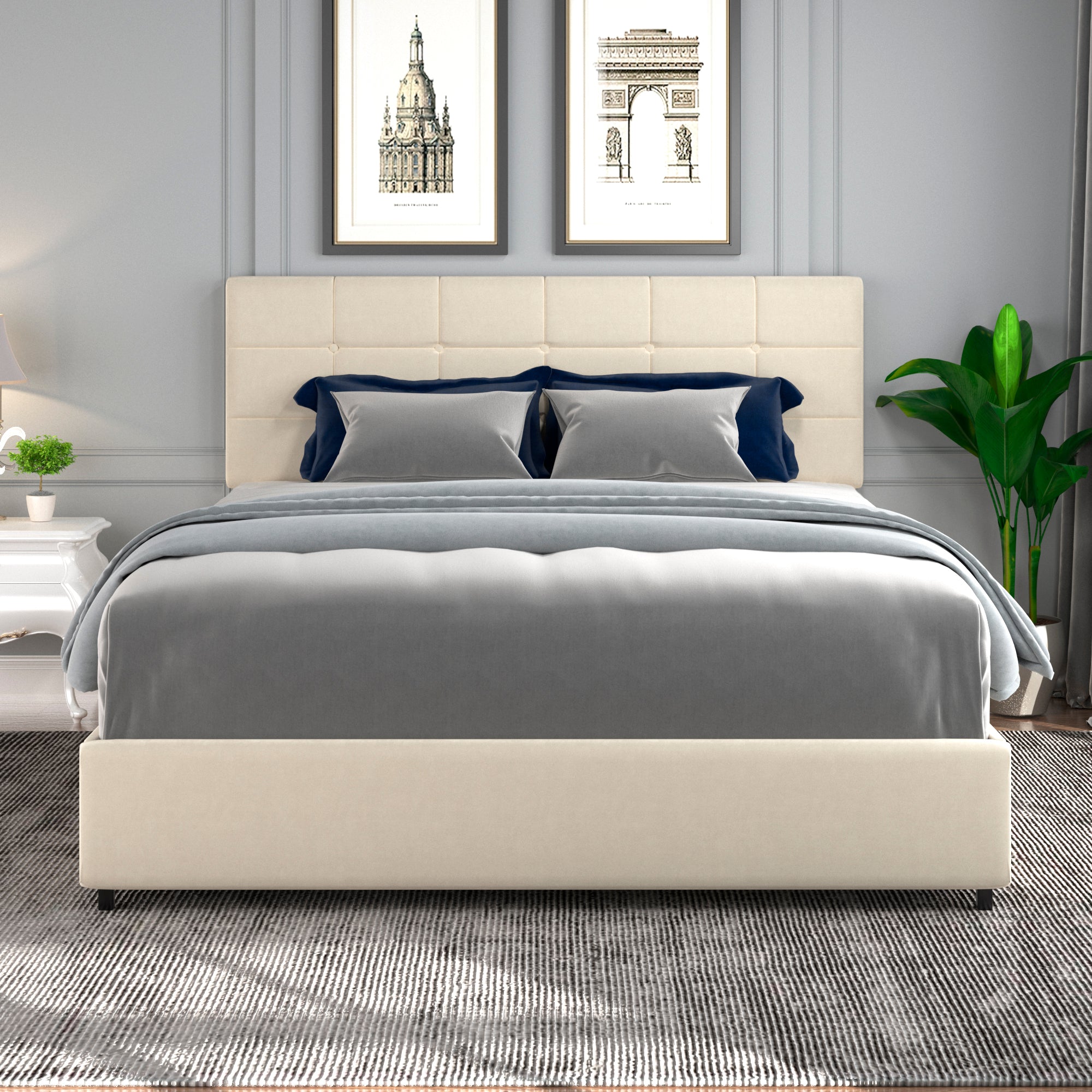 Vera Queen Size Ivory Velvet Upholstered Platform Bed with Patented 4 Drawers Storage, Square Stitched Button Tufted Headboard, Wooden Slat Mattress Support No Box Spring Required
