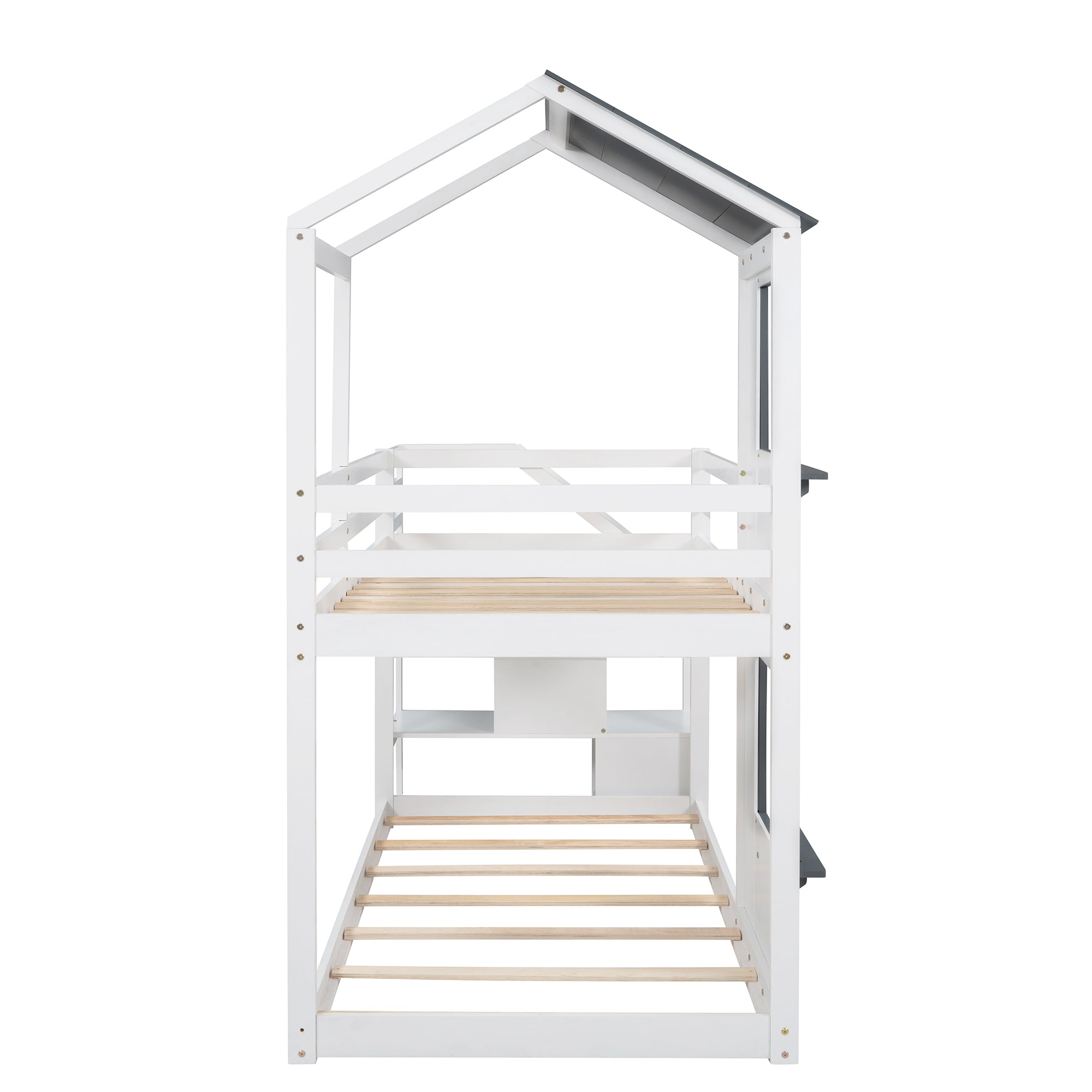 Twin Over Twin Bunk Bed with Storage Stairs,Wood Bed with Roof, Window, Guardrail, Ladder, White