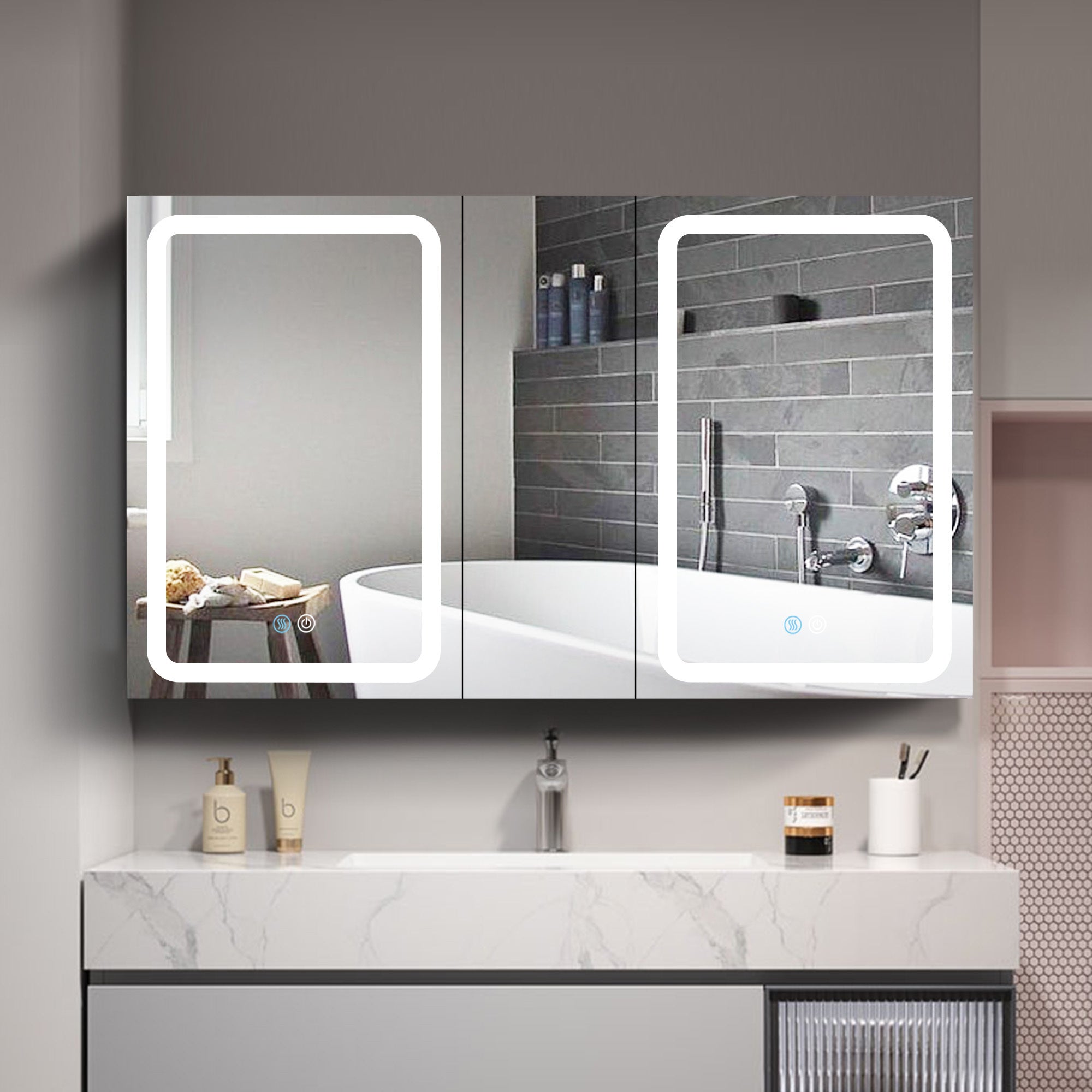 50x30 Inch LED Bathroom Medicine Cabinet Surface Mount Double Door Lighted Medicine Cabinet, Medicine Cabinets for Bathroom with Mirror Defogging, Dimmer White