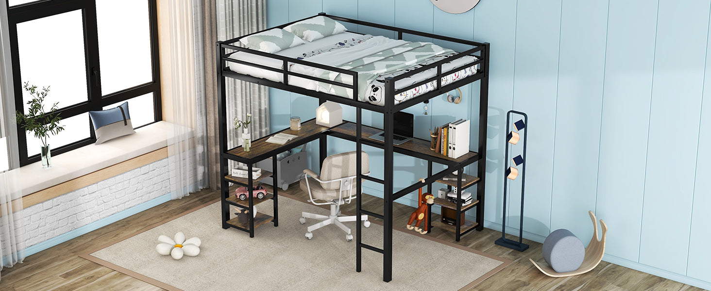Full Metal Loft Bed with Desk and Shelves, Loft Bed with Ladder and Guardrails, Loft Bed Frame for Bedroom (Black)  (Old SKU: W1307S00009)