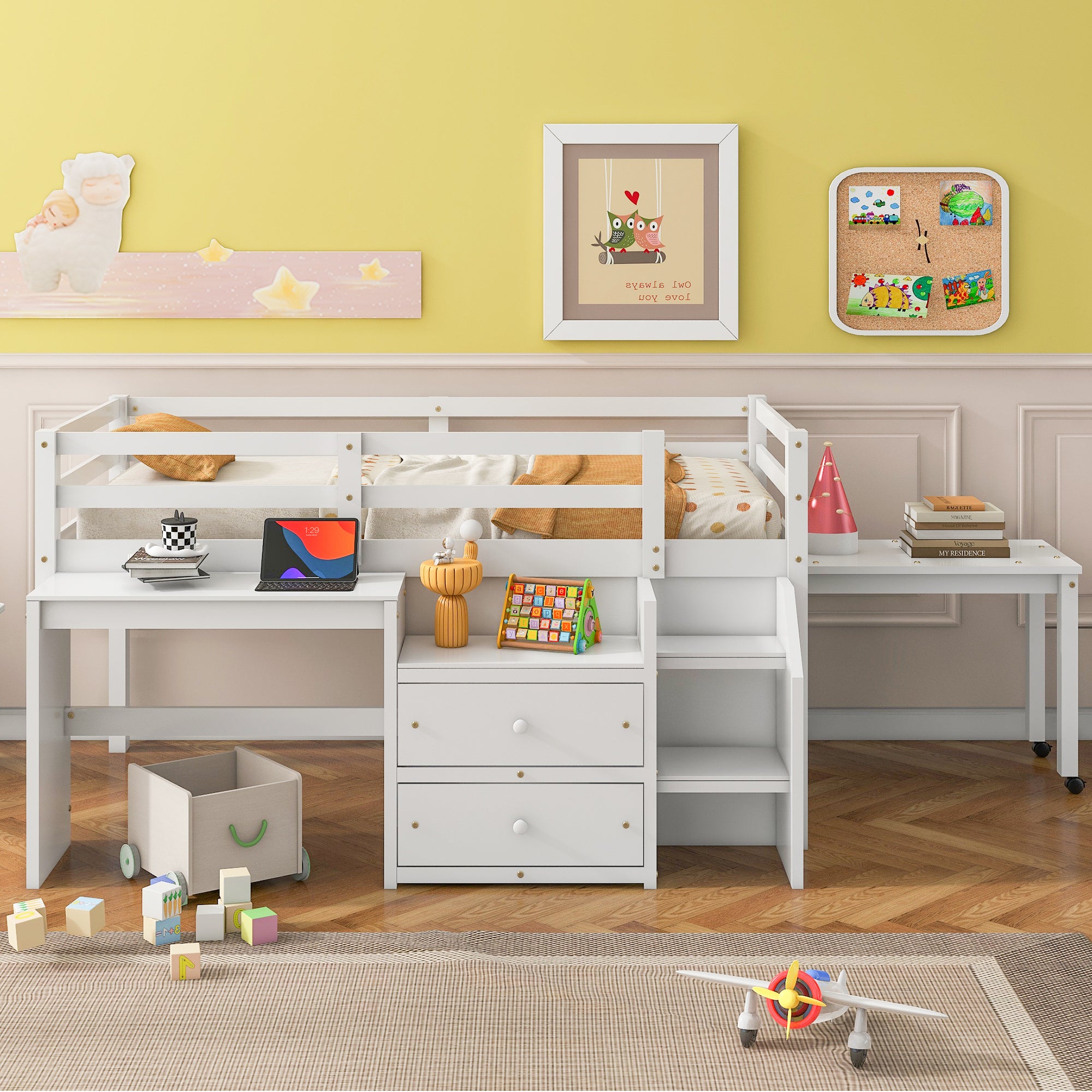 Twin Size Loft Bed with Desk and Drawers, Wooden Loft Bed with Lateral Portable Desk, White