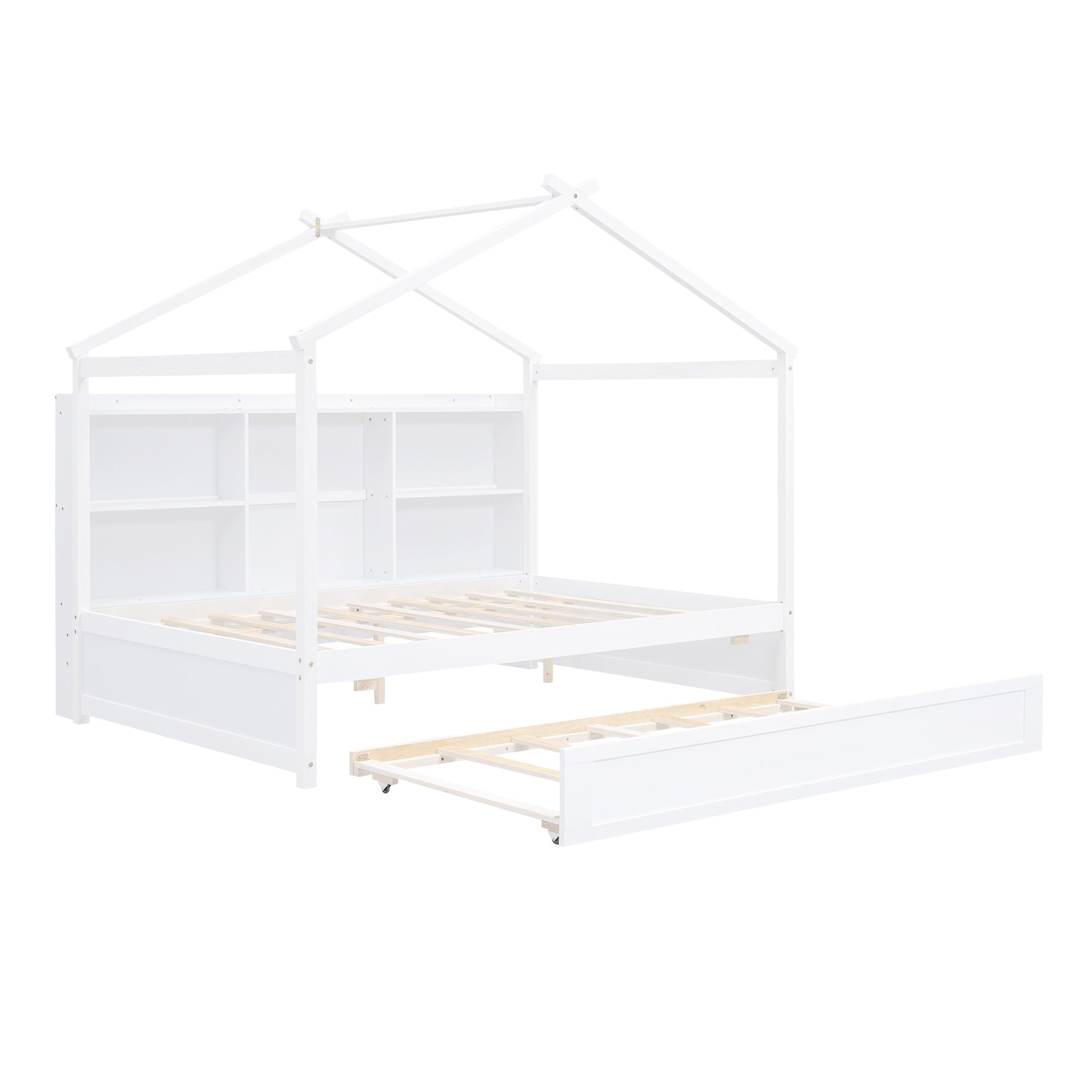 Full Size House Bed with Storage Shelves and Twin Size Trundle, Brushed White
