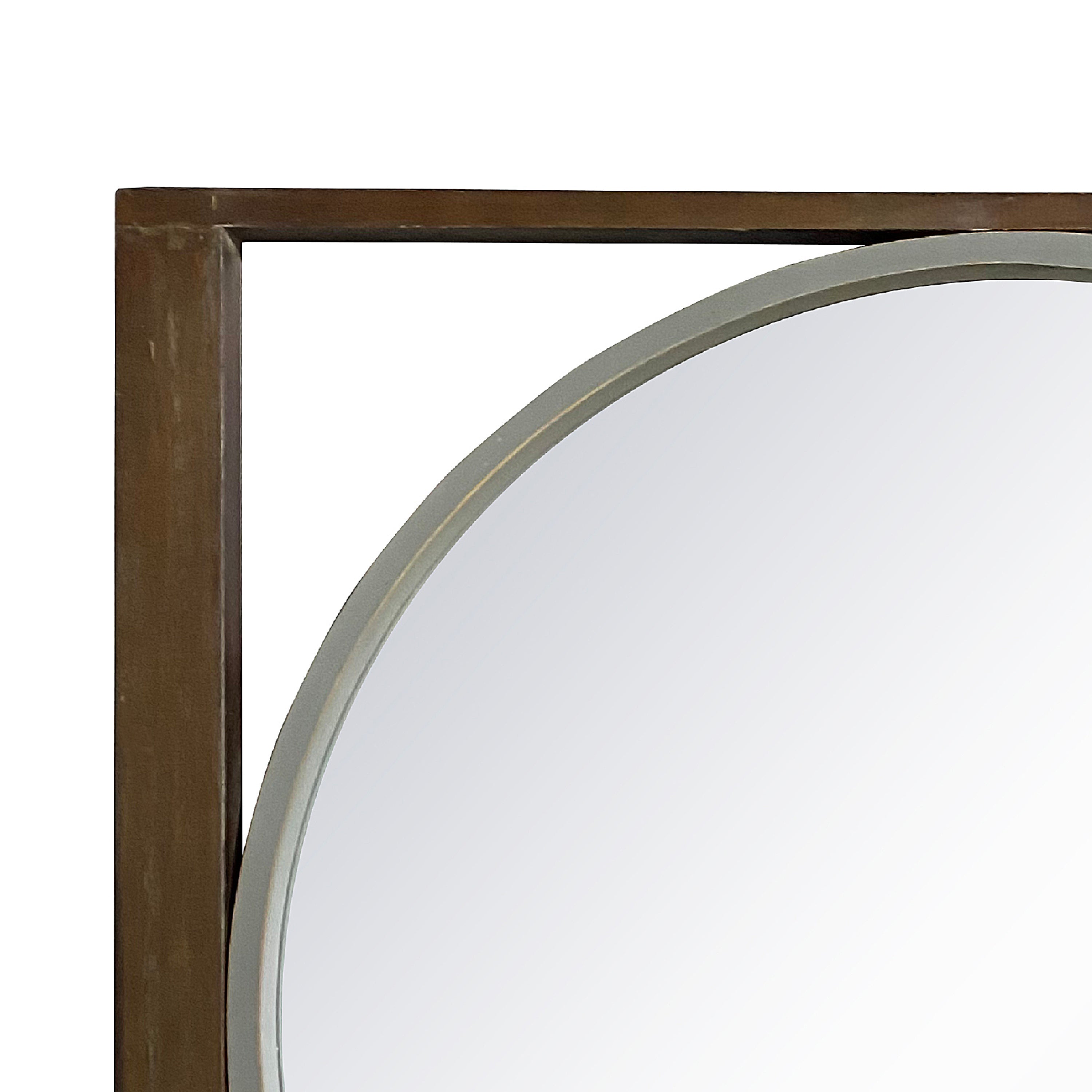 Round Wall Mirror with Rectangular Wooden Frame, Brown