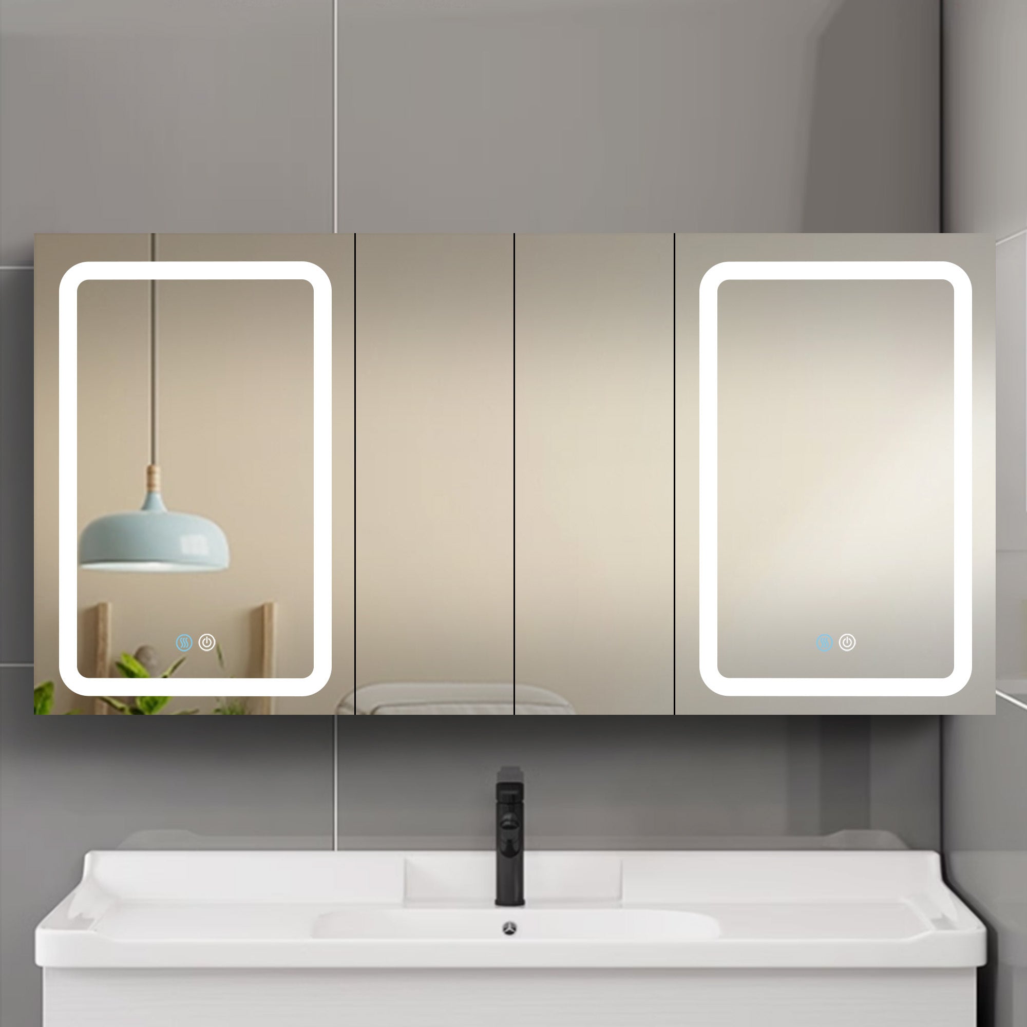 60x30 Inch LED Bathroom Medicine Cabinet Surface Mount Double Door Lighted Medicine Cabinet, Medicine Cabinets for Bathroom with Mirror Defogging, Dimmer White