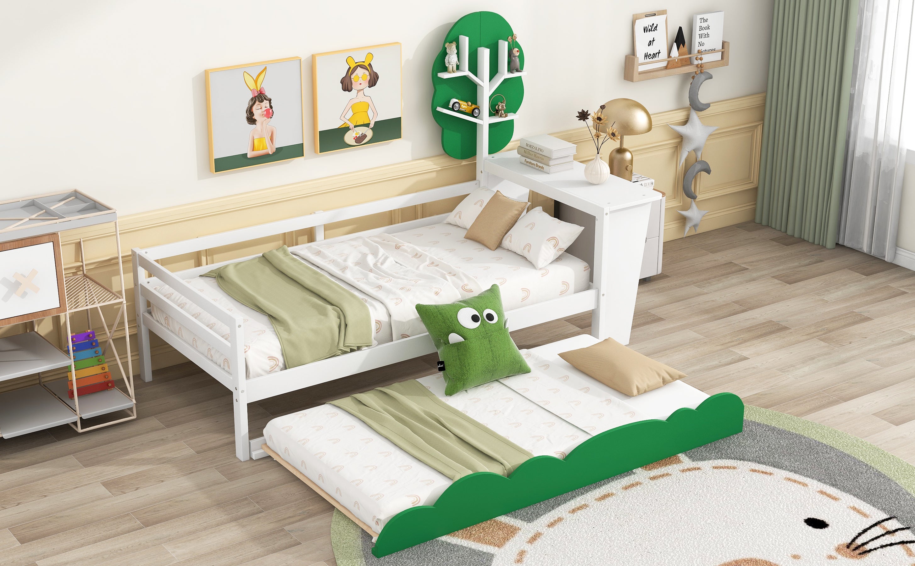 Twin Size Daybed with Desk, Green Tree Shape Shelves and Trundle, White