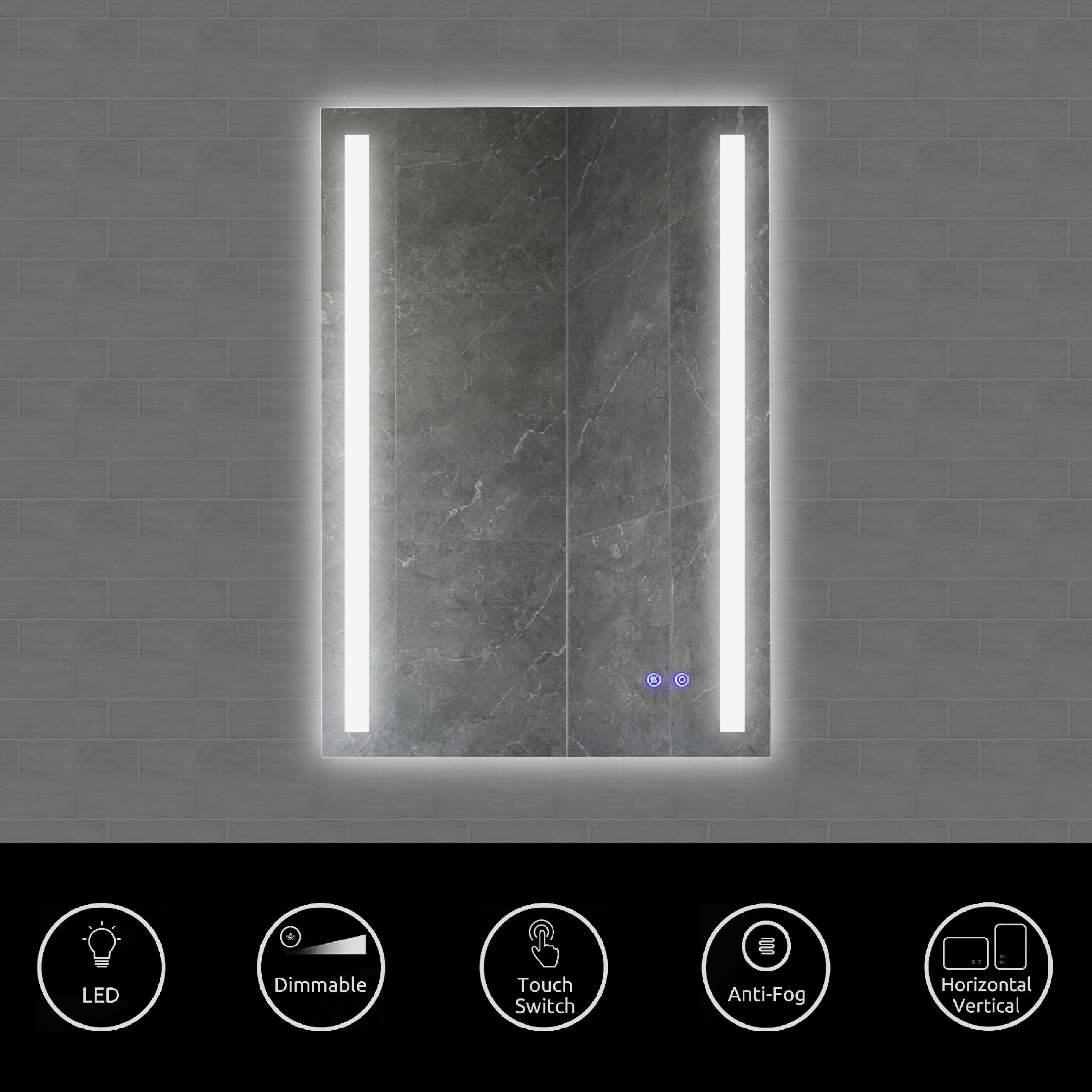 24 x 36 Inch Frameless LED Illuminated Bathroom Mirror, Touch Button Defogger, Metal, Vertical Stripes Design, Silver