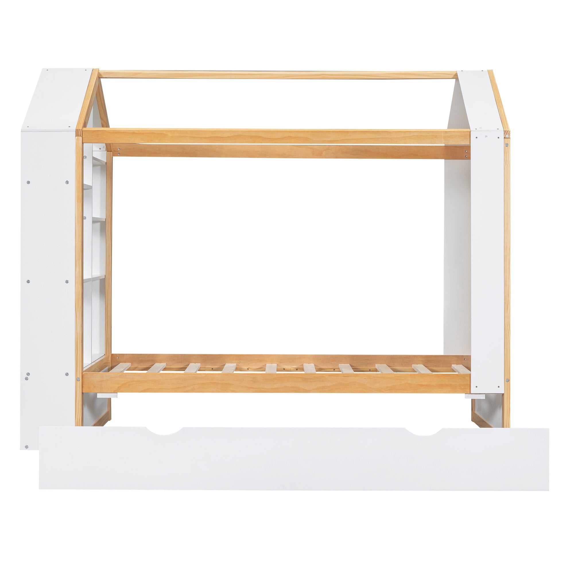 Twin Size House Platform Bed with Storage Shelves and Twin Size Trundle, White