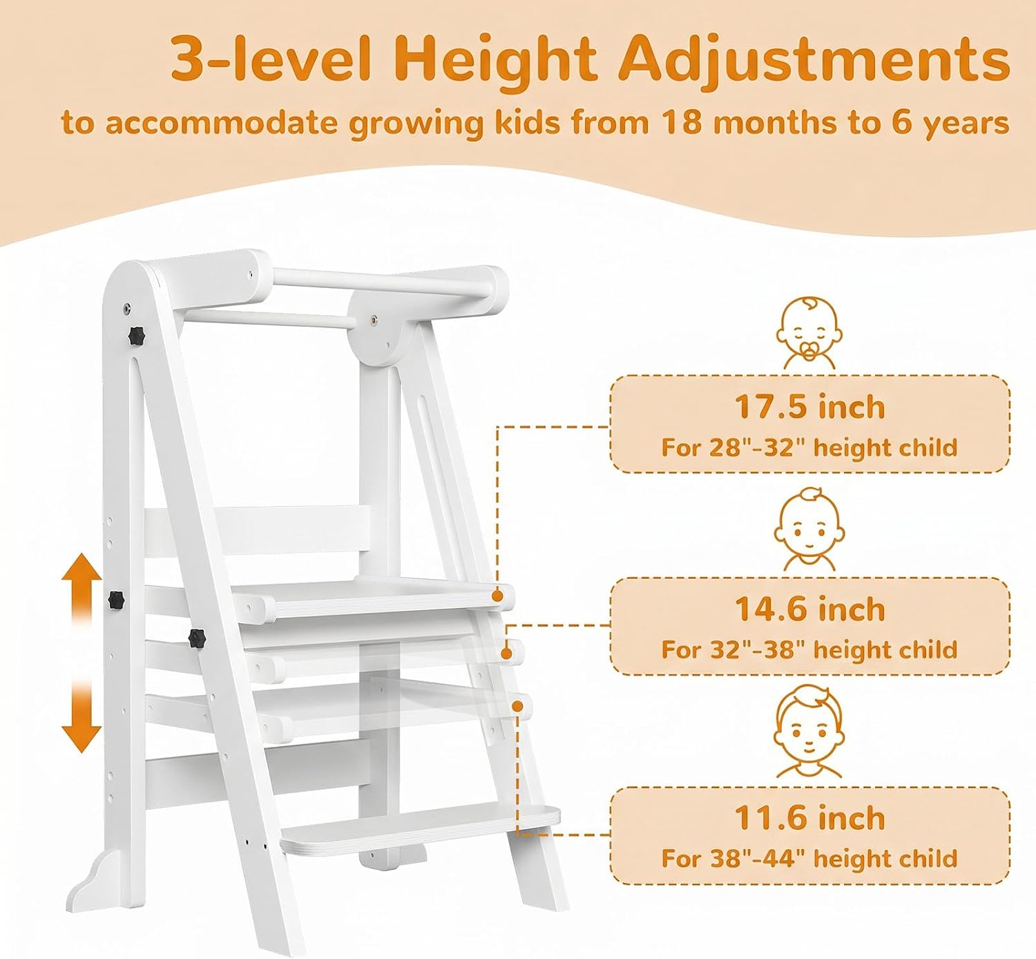 Foldable Toddler Kitchen Tower, 3 Adjustable Height Wooden Step Stool, Toddler Standing Tower with Safety Net