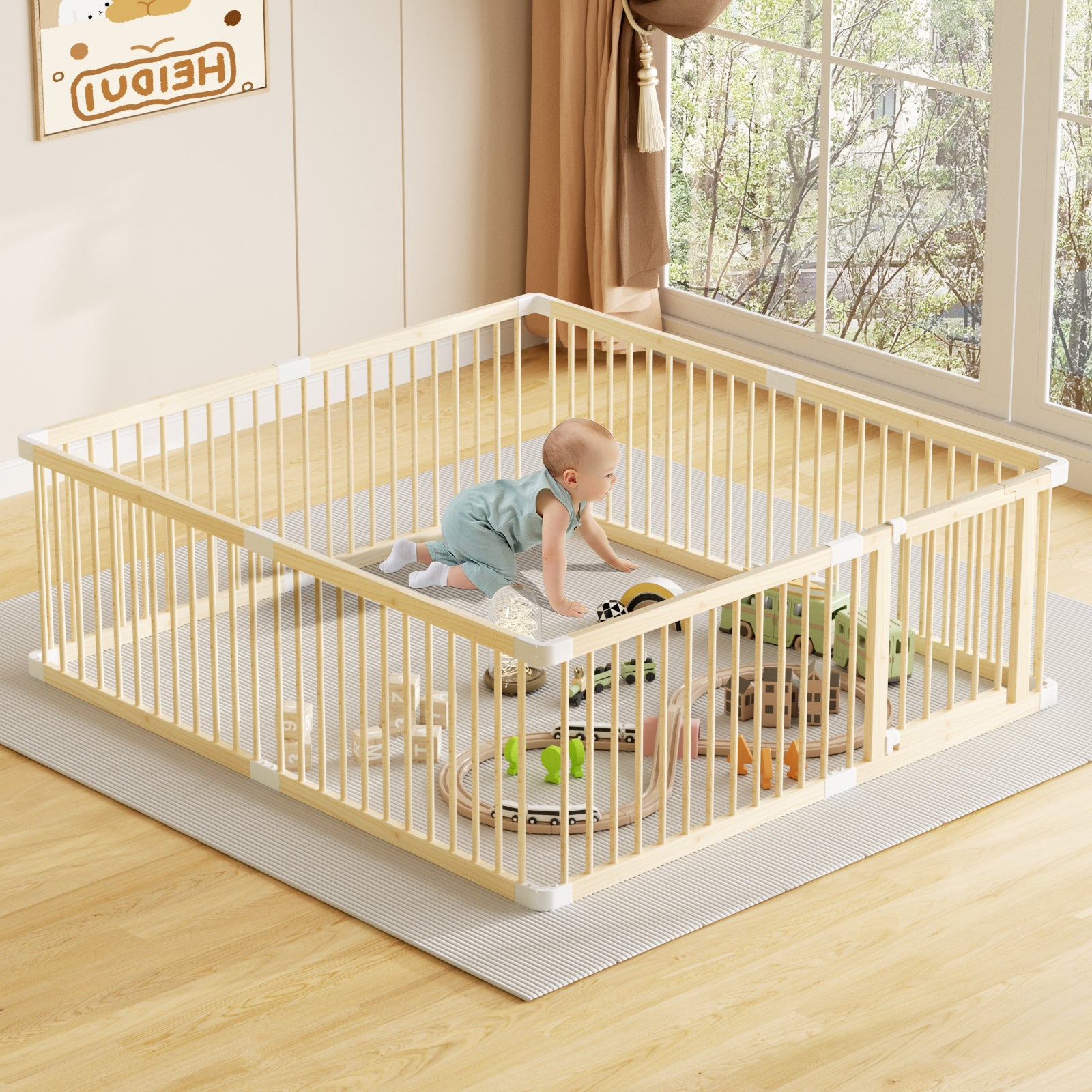 Large Wooden Baby Playpen, Adjustable Gate for Toddler and Babies