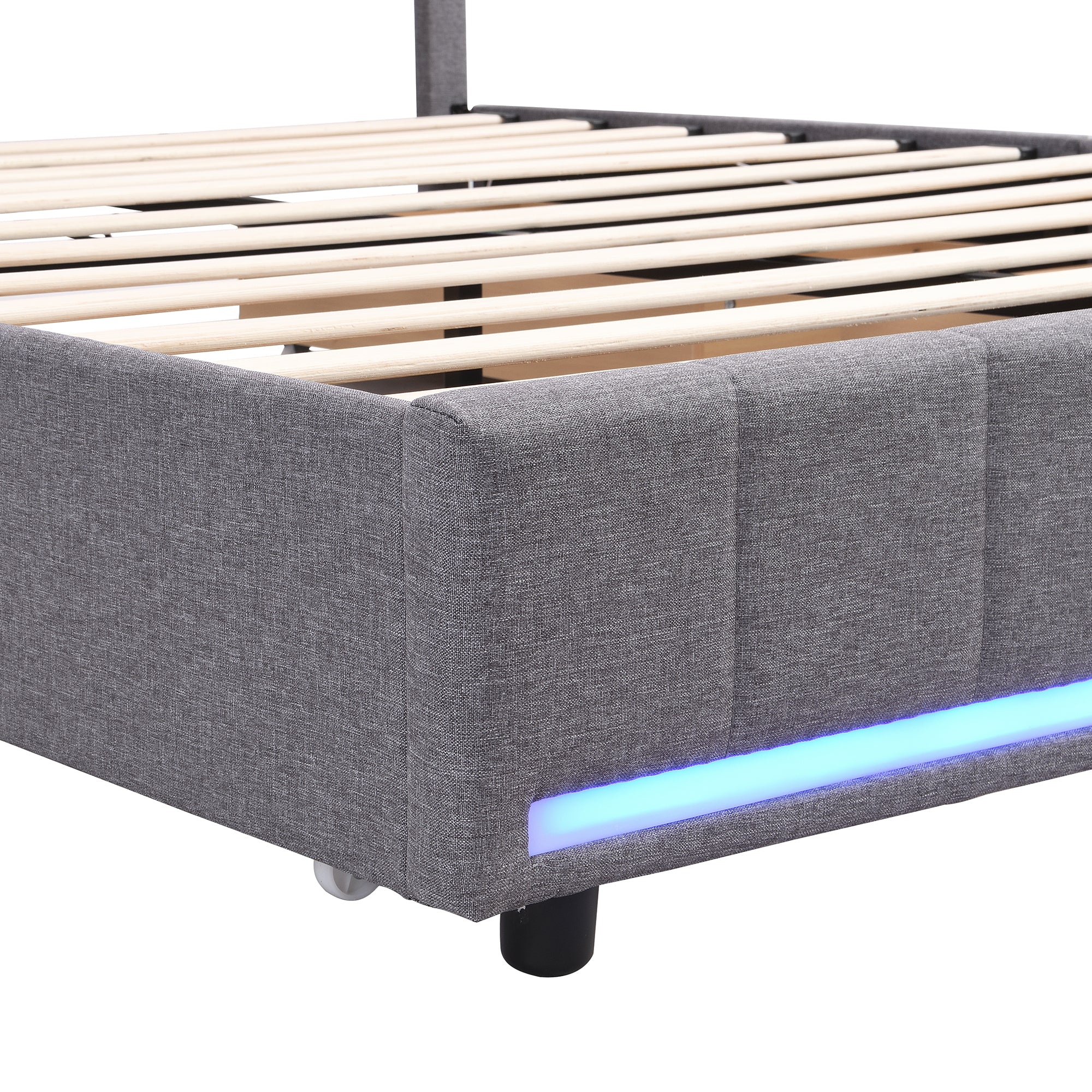 Queen Size Upholstered Bed with LED Light and 4 Drawers,  Modern Platform Bed with a set of Sockets and USB Ports, Linen Fabric, Beige