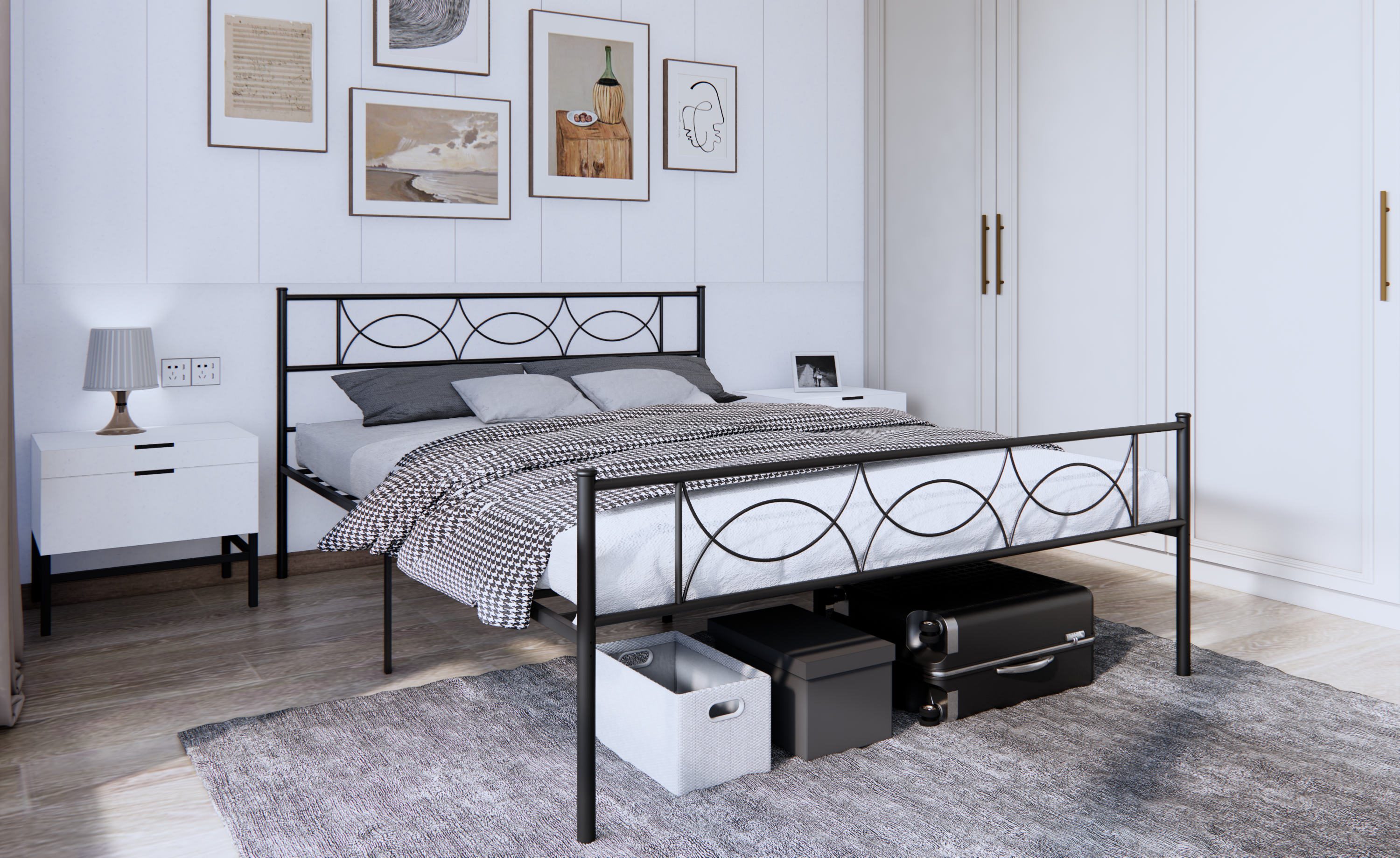 Full Size Bed Frame with Headboard No Box Spring Needed, Black