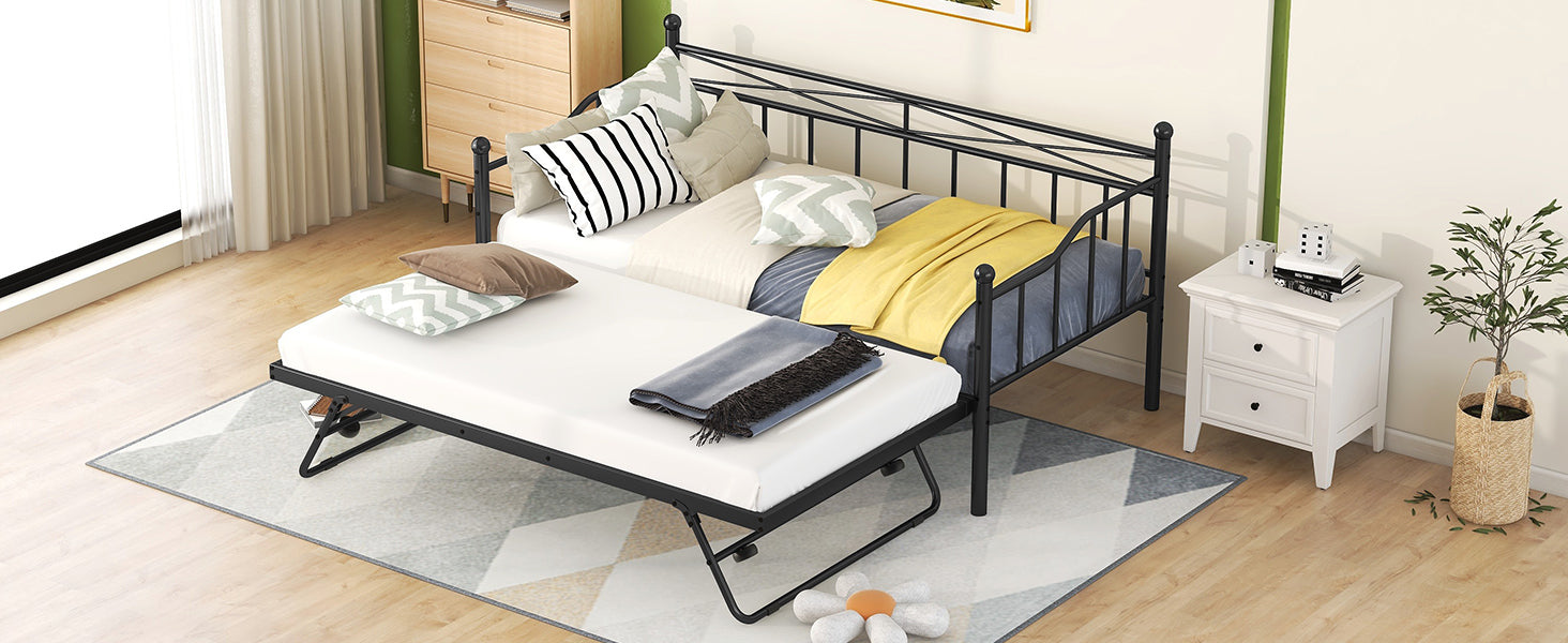 Twin Size Metal Daybed with Twin Size Adjustable Trundle, Portable Folding Trundle, Black