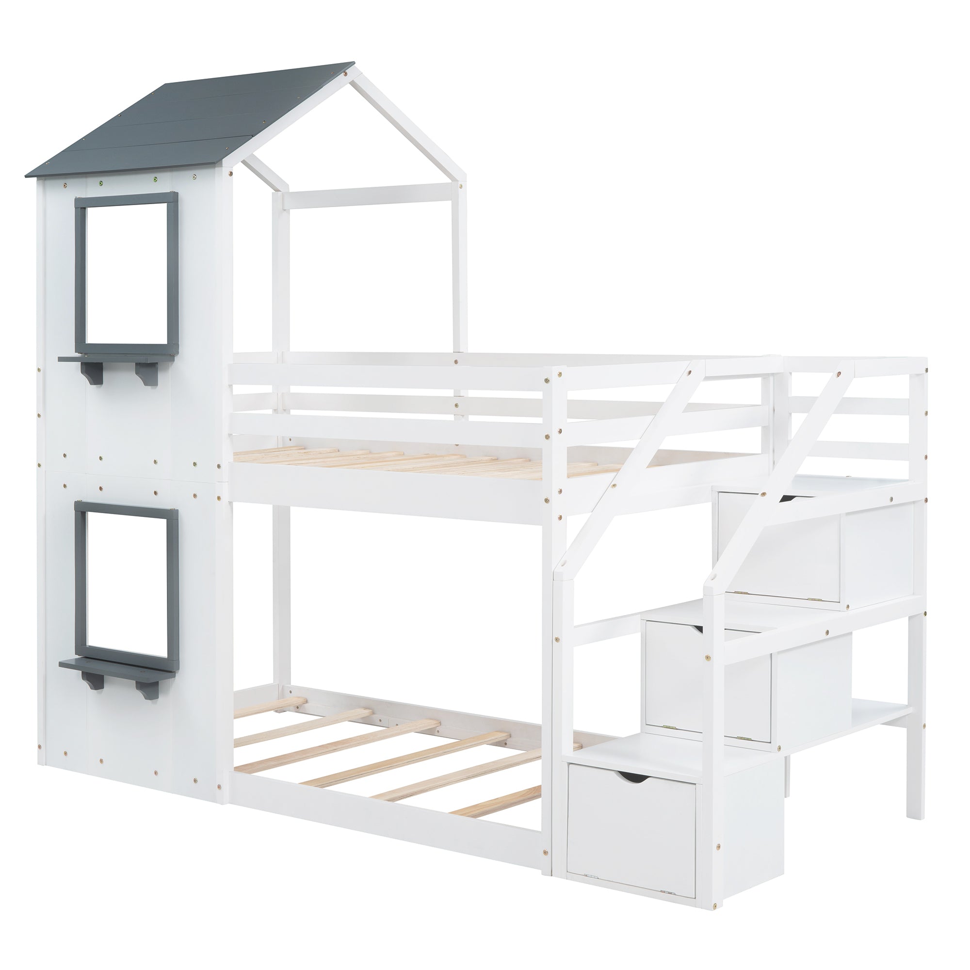 Twin Over Twin Bunk Bed with Storage Stairs,Wood Bed with Roof, Window, Guardrail, Ladder, White