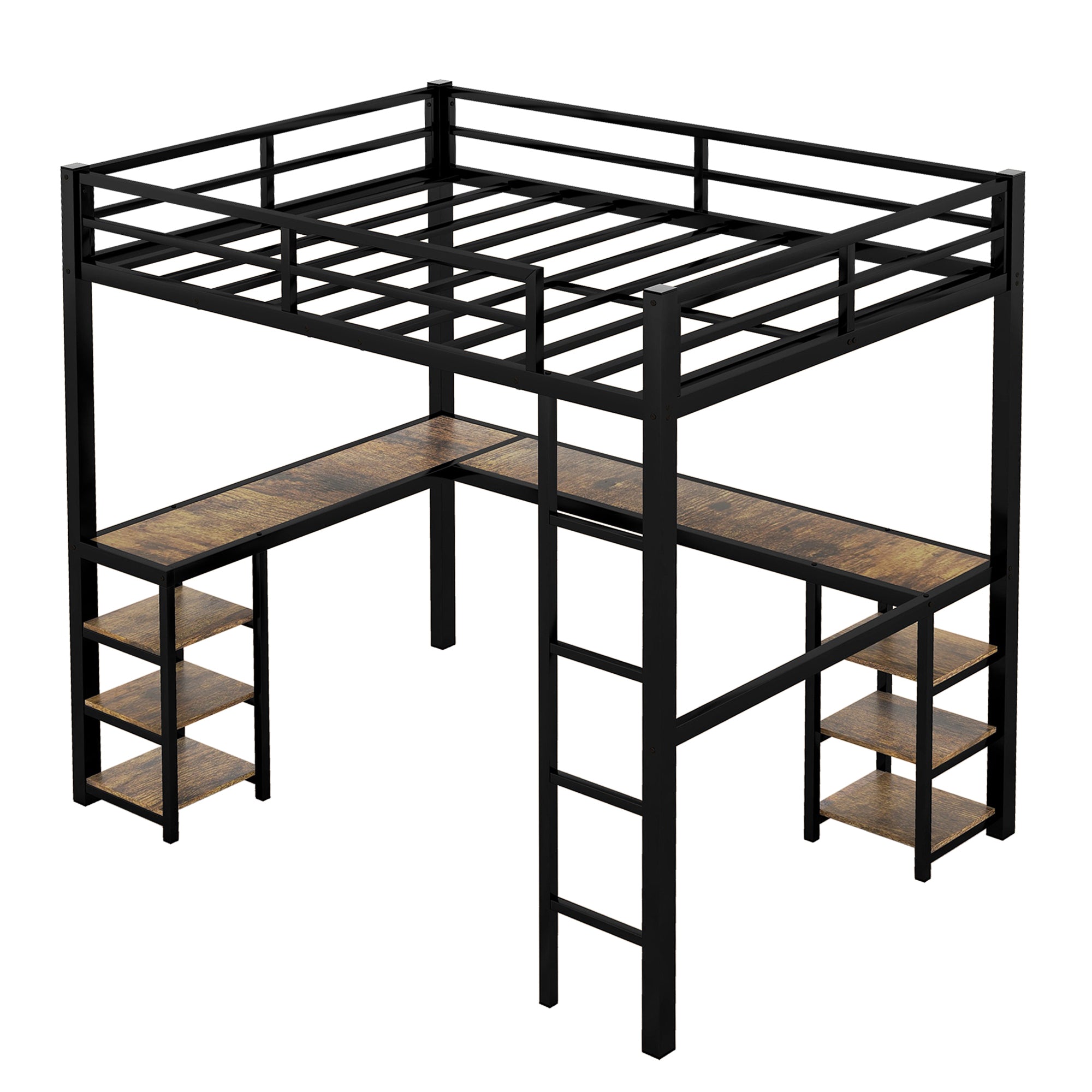 Full Metal Loft Bed with Desk and Shelves, Loft Bed with Ladder and Guardrails, Loft Bed Frame for Bedroom (Black) (Old SKU: W1307S00009)