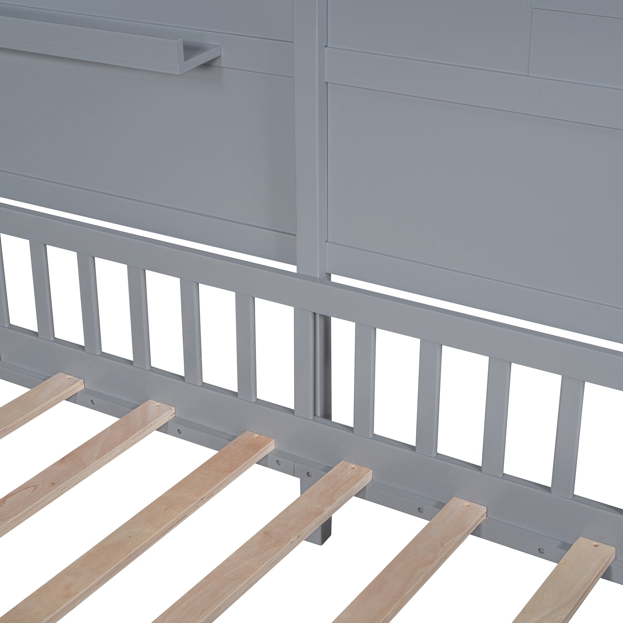 Twin Size House Bed with Shelves, House Bed with Window and  Sparkling Light Strip on the Roof, Gray