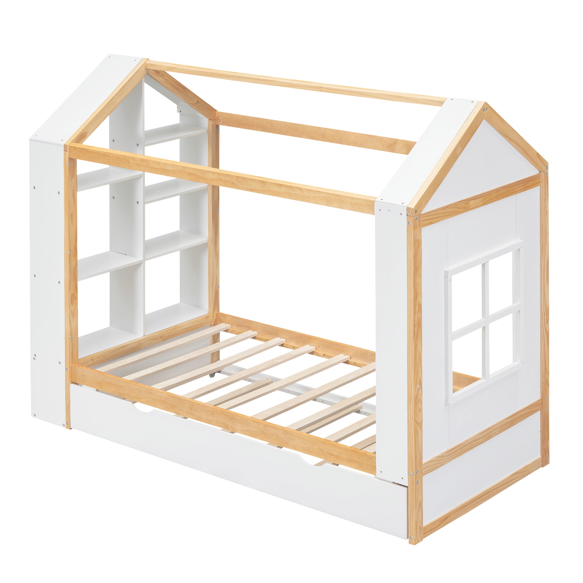 Twin Size House Platform Bed with Storage Shelves and Twin Size Trundle, White