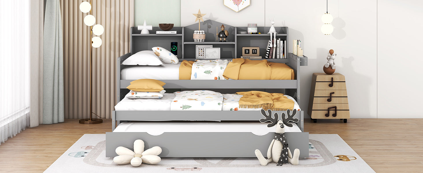 Twin XL Wooden Daybed with 2 Twin Trundles and Storage Shelf, Daybed with USB Charging Ports, No Box-spring Needed, Gray