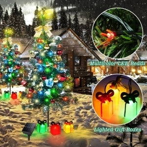 Solar Mini Christmas Tree Light Outdoor Decoration, 30 Inch Solar Tree Lights with 30 LED 8 Flashing Modes Decorated Prelit Gift Boxes & Ornaments for Pathway Patio Yard Garden Cemetery, 2PCS