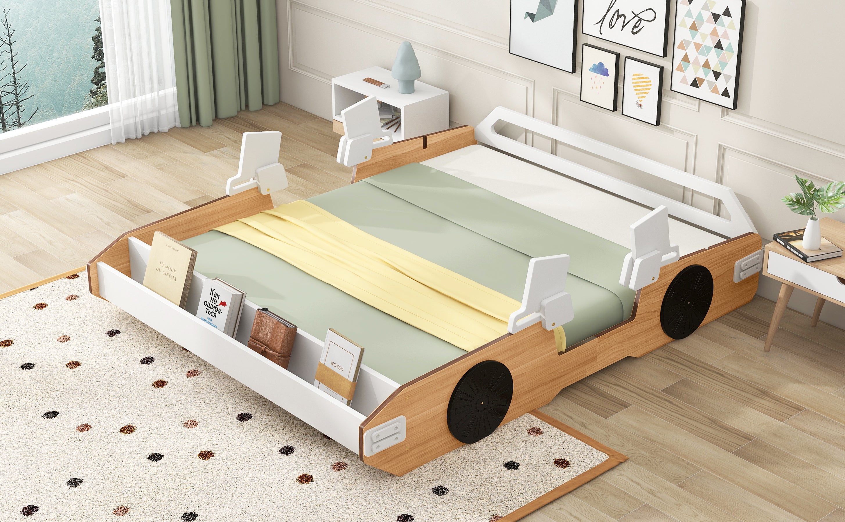 Wood Full Size Racing Car Bed with Door Design and Storage, Natural+White+Black
