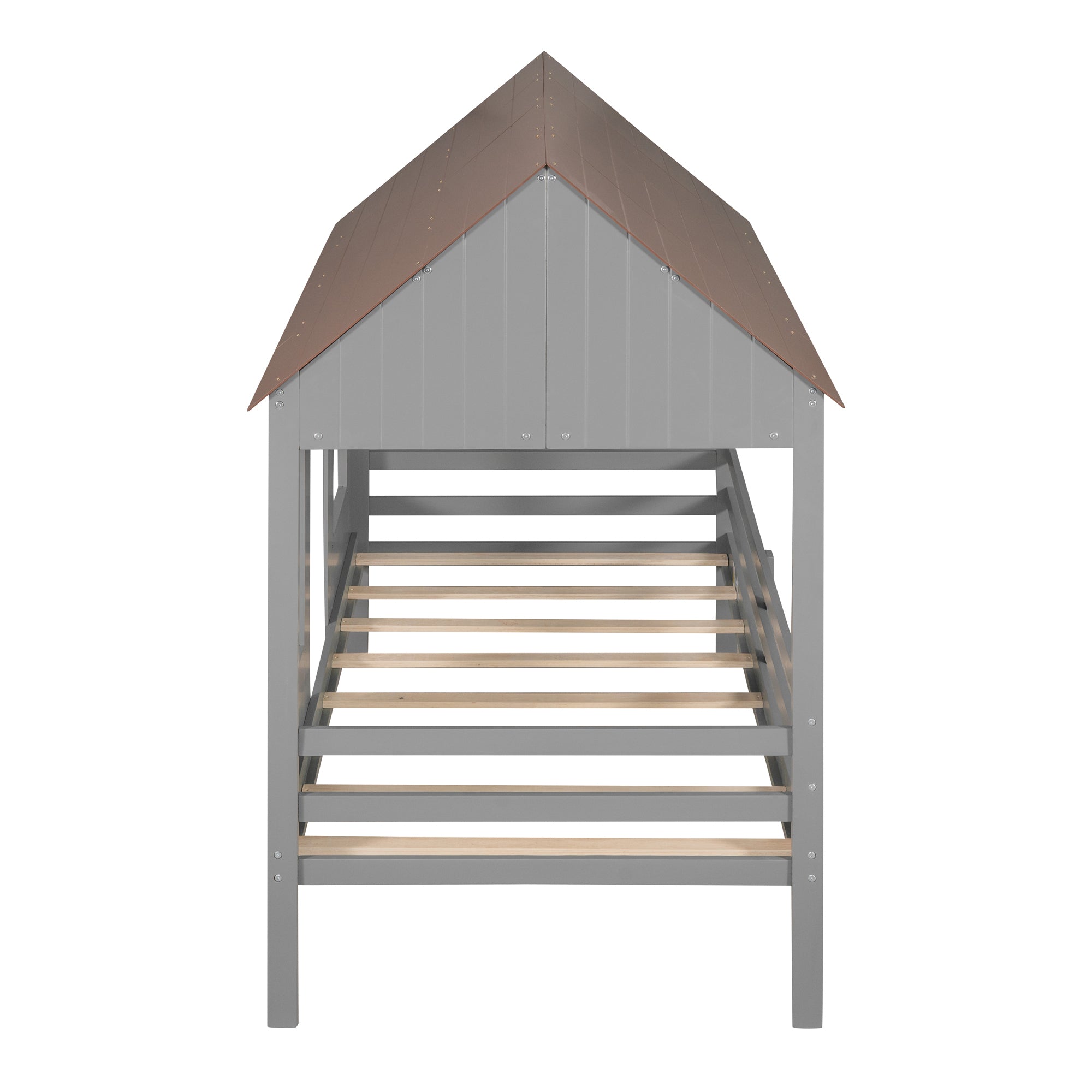Twin Size Low Loft Wood House Bed with Two Front Windows, (Gray+ Brown)(OLD SKU:LP000039AAL)