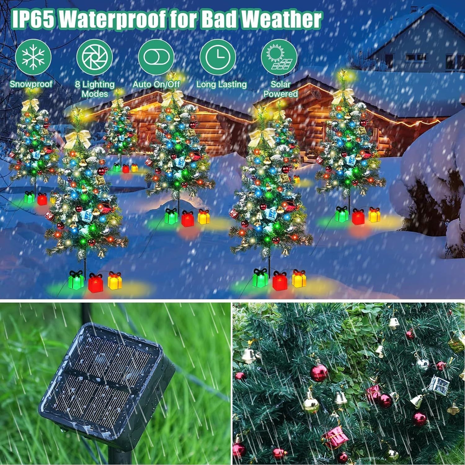 Solar Mini Christmas Tree Light Outdoor Decoration, 30 Inch Solar Tree Lights with 30 LED 8 Flashing Modes Decorated Prelit Gift Boxes & Ornaments for Pathway Patio Yard Garden Cemetery, 2PCS